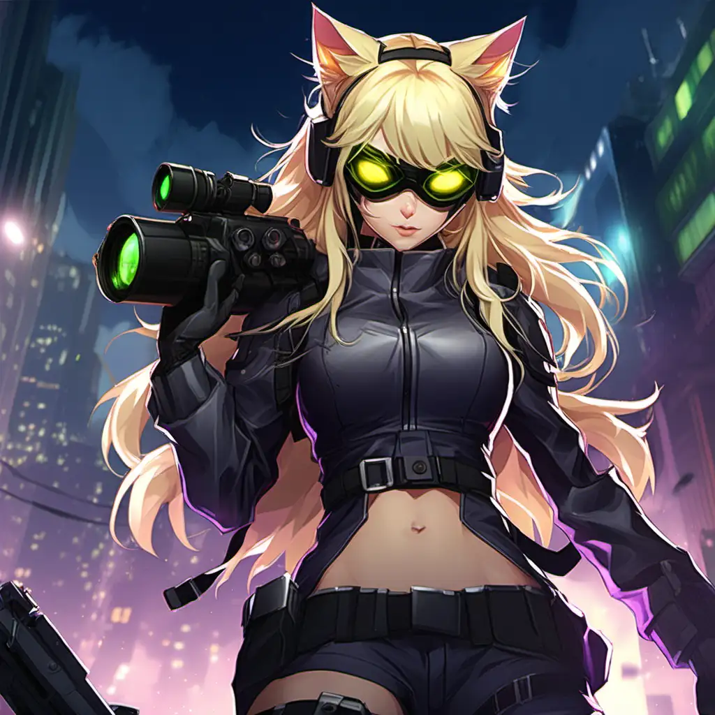 blonde, cat girl, night vision goggles, riot games art style, splash art, tactical --niji 5
