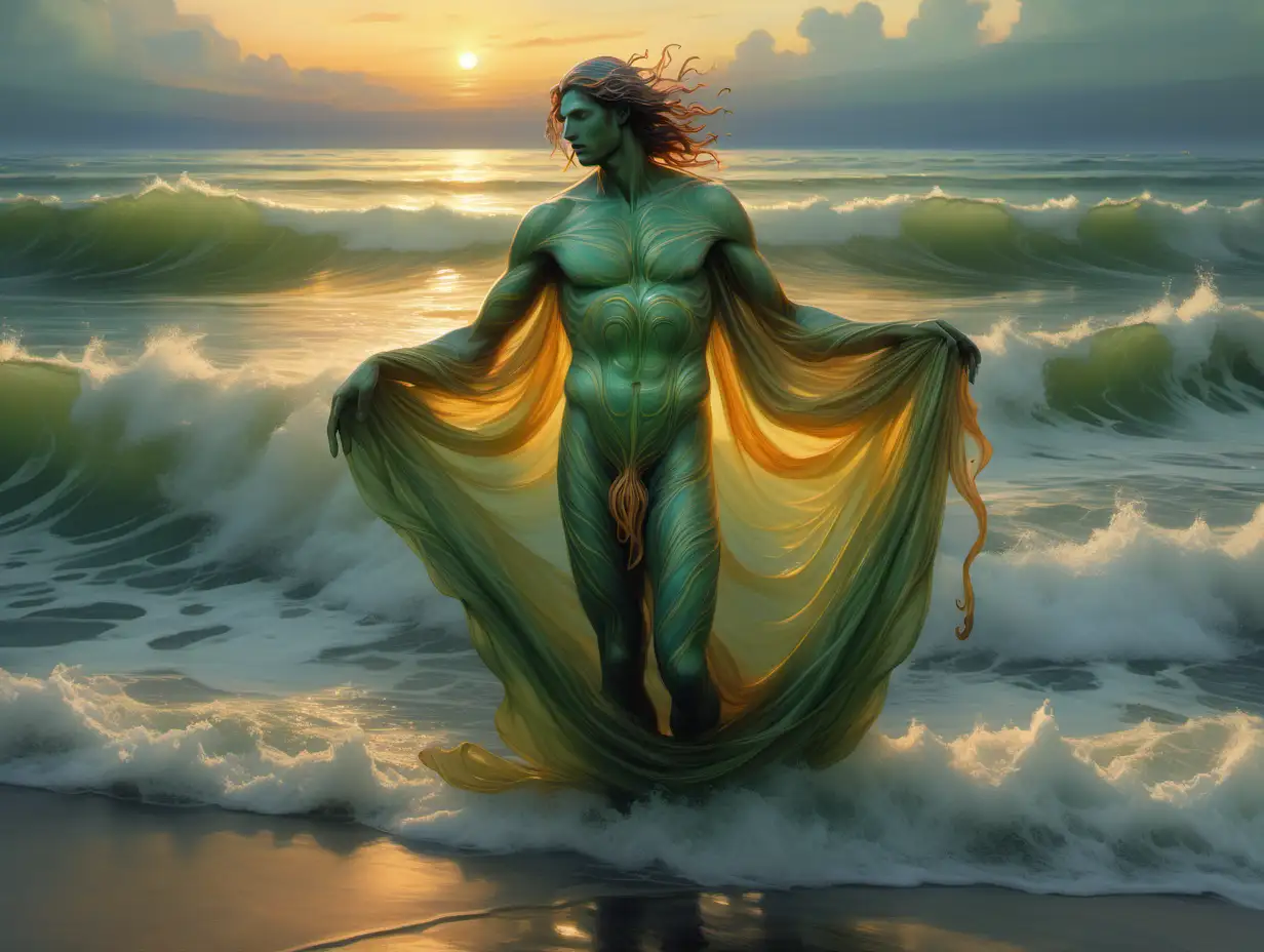 The image suggests an ethereal man male figure that could be interpreted as emerging from the sea. The character's flowing, leaf-like garments and the colors employed—shades of green, yellow, and orange—impart a sense of being part of a natural, aquatic environment. The background, with its soft hues, could be seen as a reflection of the sea at dawn or dusk, contributing to the serene and mystical quality of the image. The art style combines elements of realism, fantasy, and impressionism, creating a dreamlike vision of a sea nymph or oceanic entity.