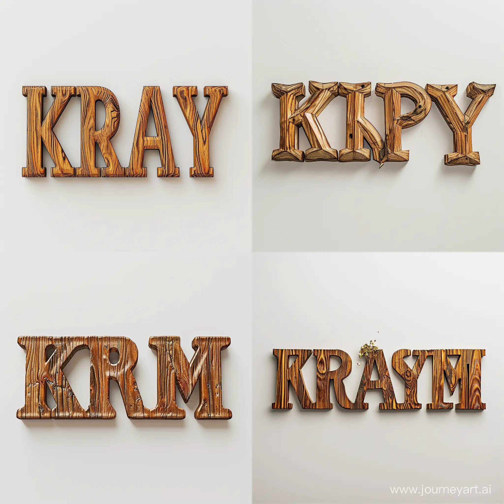 extruded wooden text "K R A S Y M I R" on white background