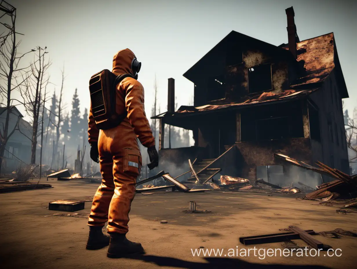 Человек в противорадиационном костюме из игры RUST идет на фоне сгоревшего дома идет как Стетхем