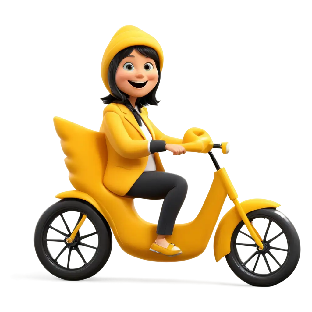 Cartoon character in croissant suit ride on yellow bicycle