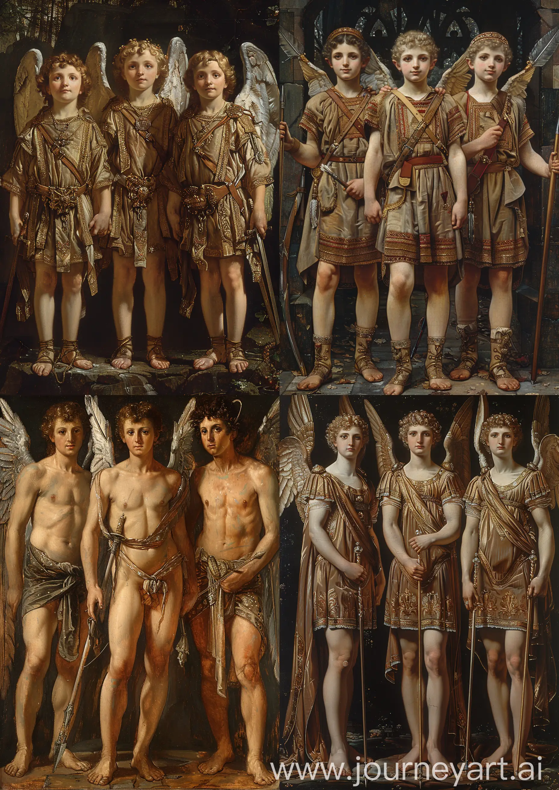 Edward Burne-Jones painting of cupids male warriors in ornate silk robes,earth tones, detailed --c 22 --s 750 --v 6.0 --ar 5:7