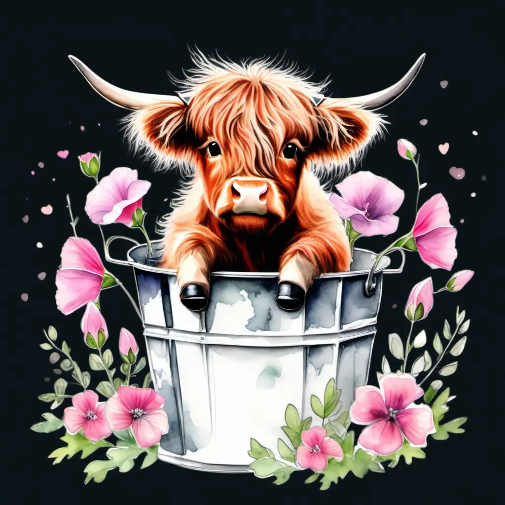 Cute baby highland cow in a white bucket surrounded by pink sweetpea flowers in watercolor style with a black backdrop