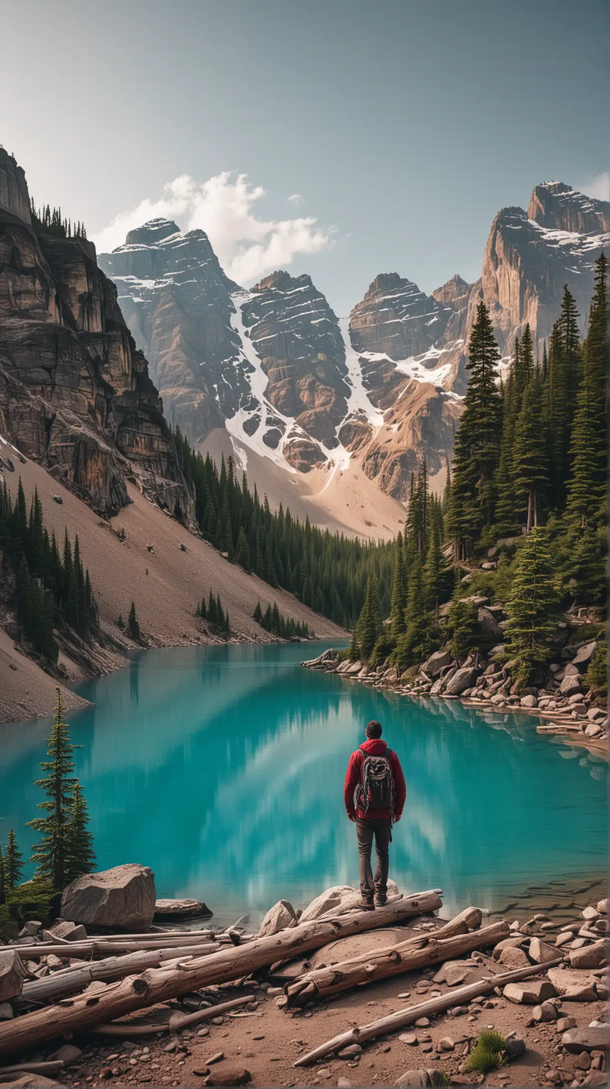 Guy traveler in magical moraine Lake in canada, vibrant and stunning colours, 4k picture, make this place magical with unreal things 