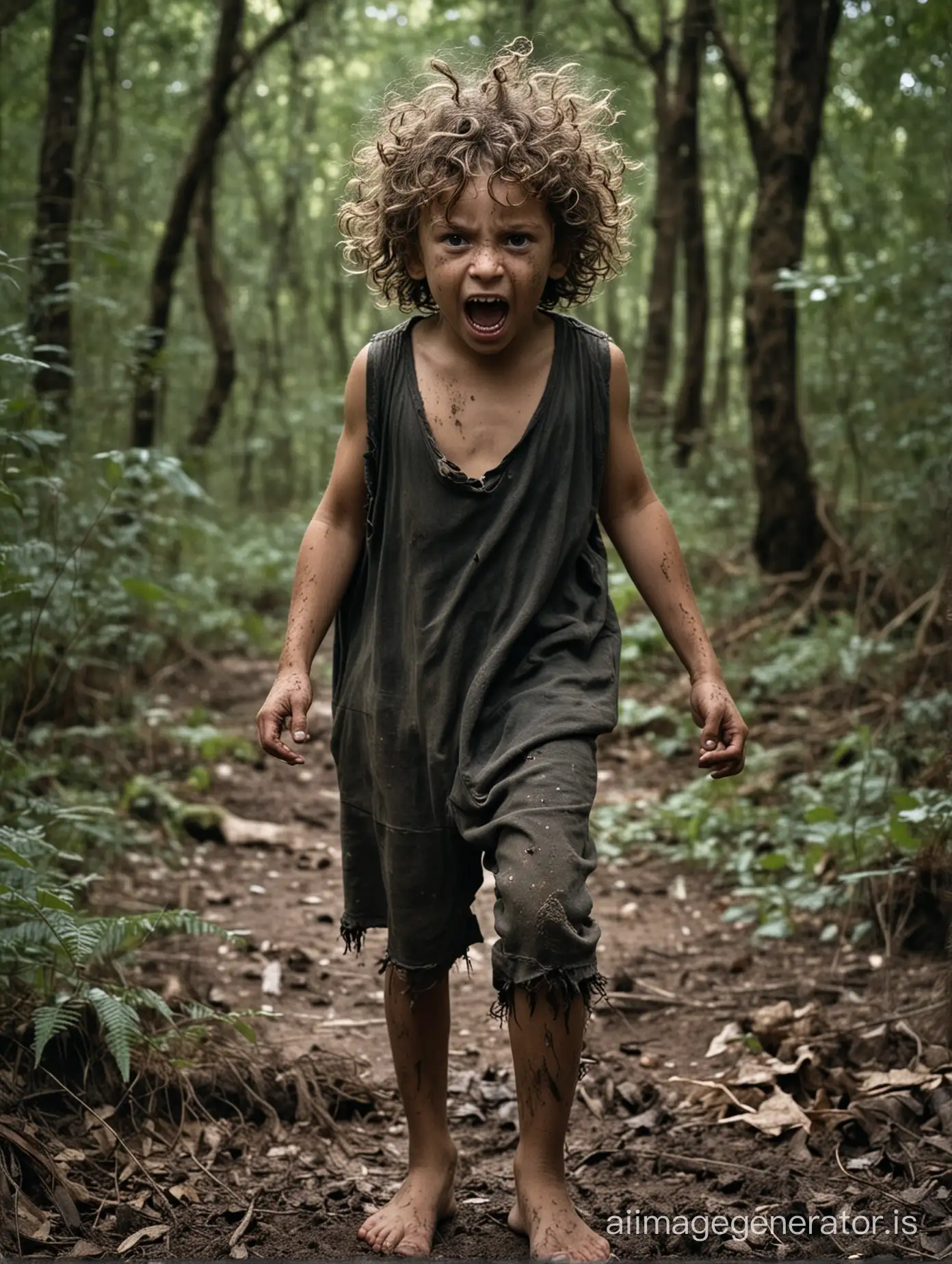 a kid, wild child screaming, living in the forest, face very dirty, clothes torn, hair very long, black, curly and dirty, in 1920, barefoot, he is frightening