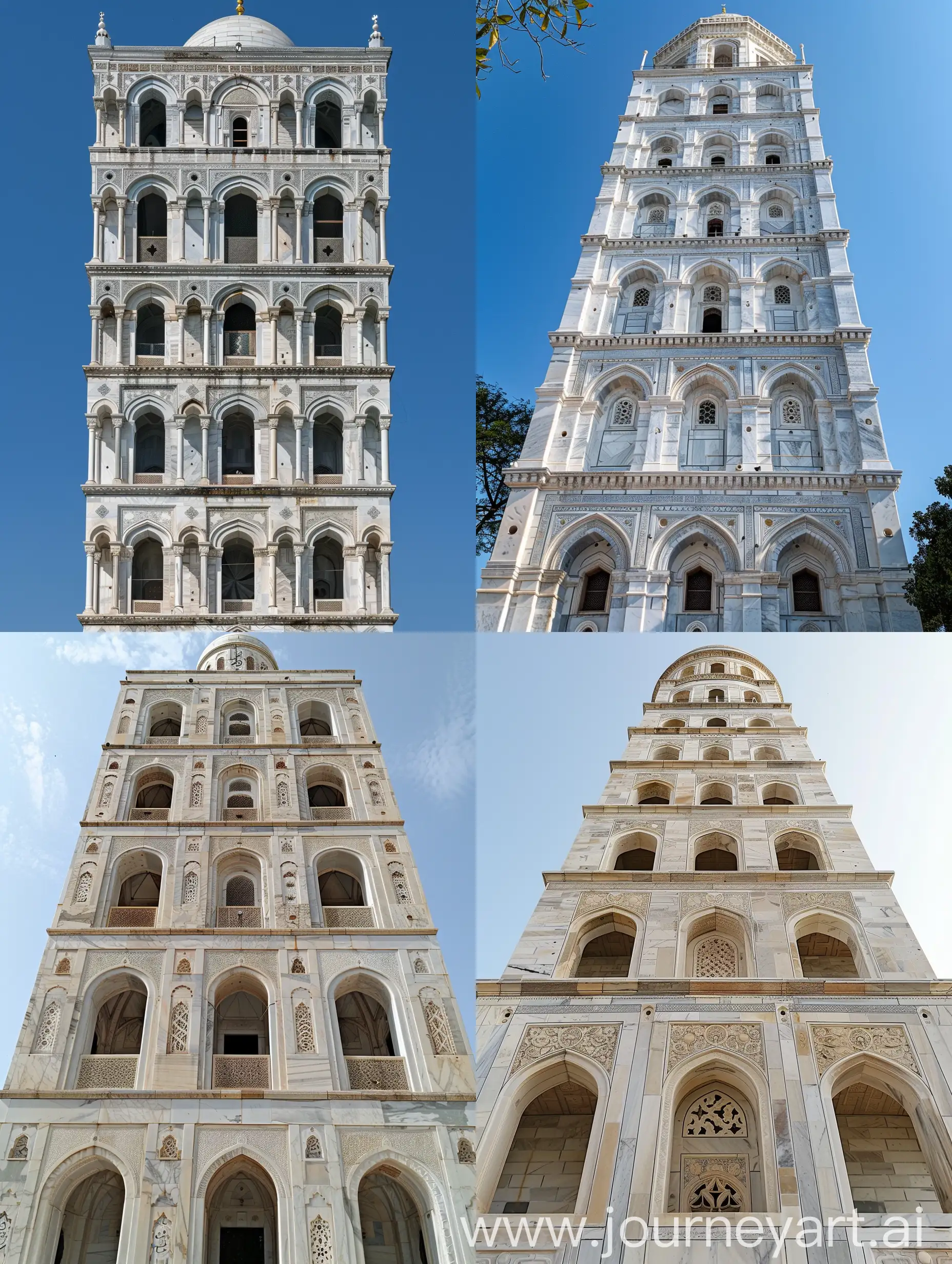 a tall and beautiful Mughal mosque, having Mughal arches and mughal arched windows, Mughal marble carvings, Gurudwara dome at the top, White marbled, Pisa Cathedral influences, full view --ar 3:4