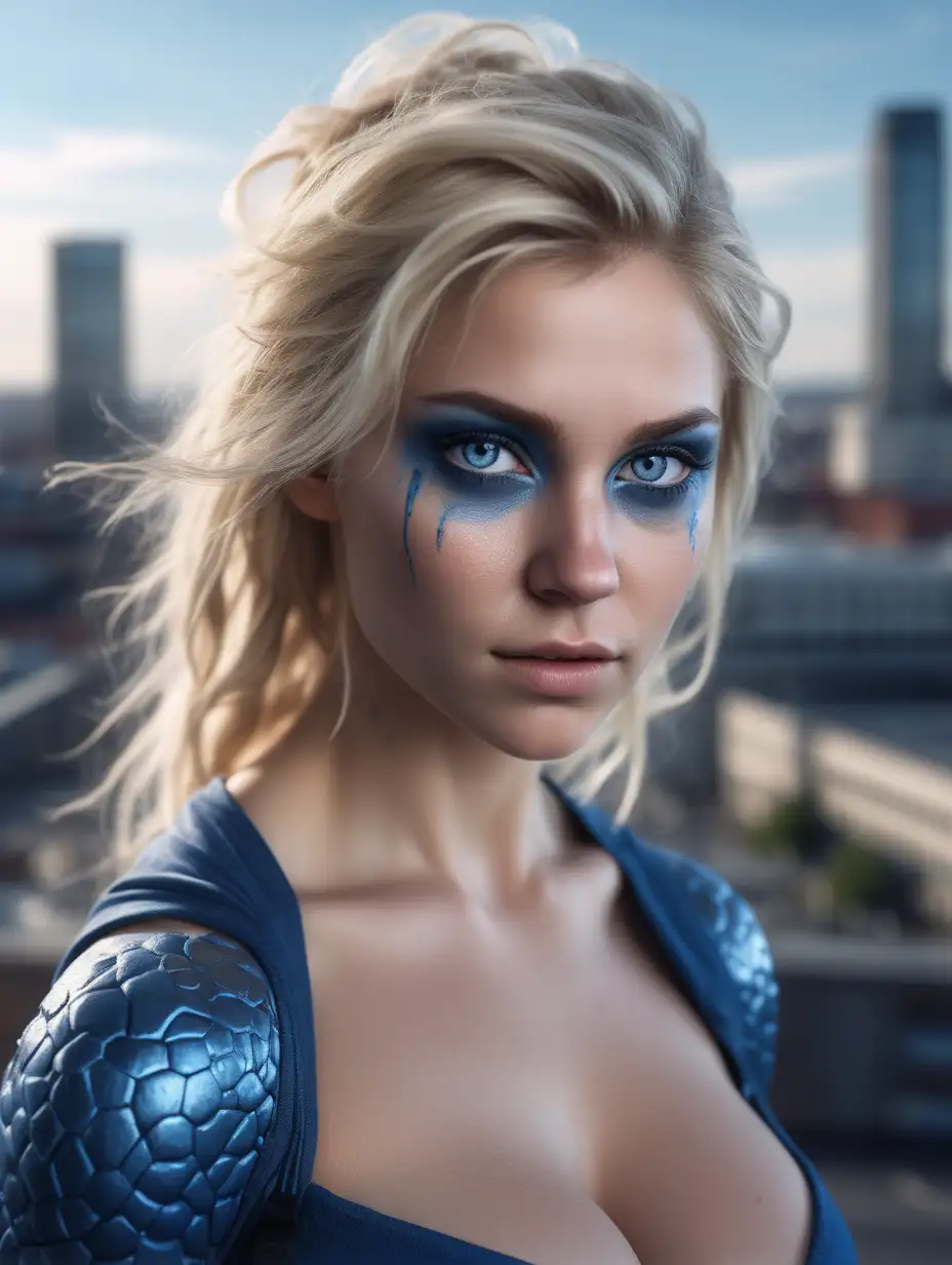Beautiful Nordic woman, as a blue female mutant, all skin is blue, very attractive face, detailed eyes, big breasts, dark eye shadow, messy blonde hair, close up, bokeh background, soft light on face, rim lighting, facing away from camera, looking back over her shoulder, standing in front of the city, photorealistic, very high detail, extra wide photo, full body photo, aerial photo