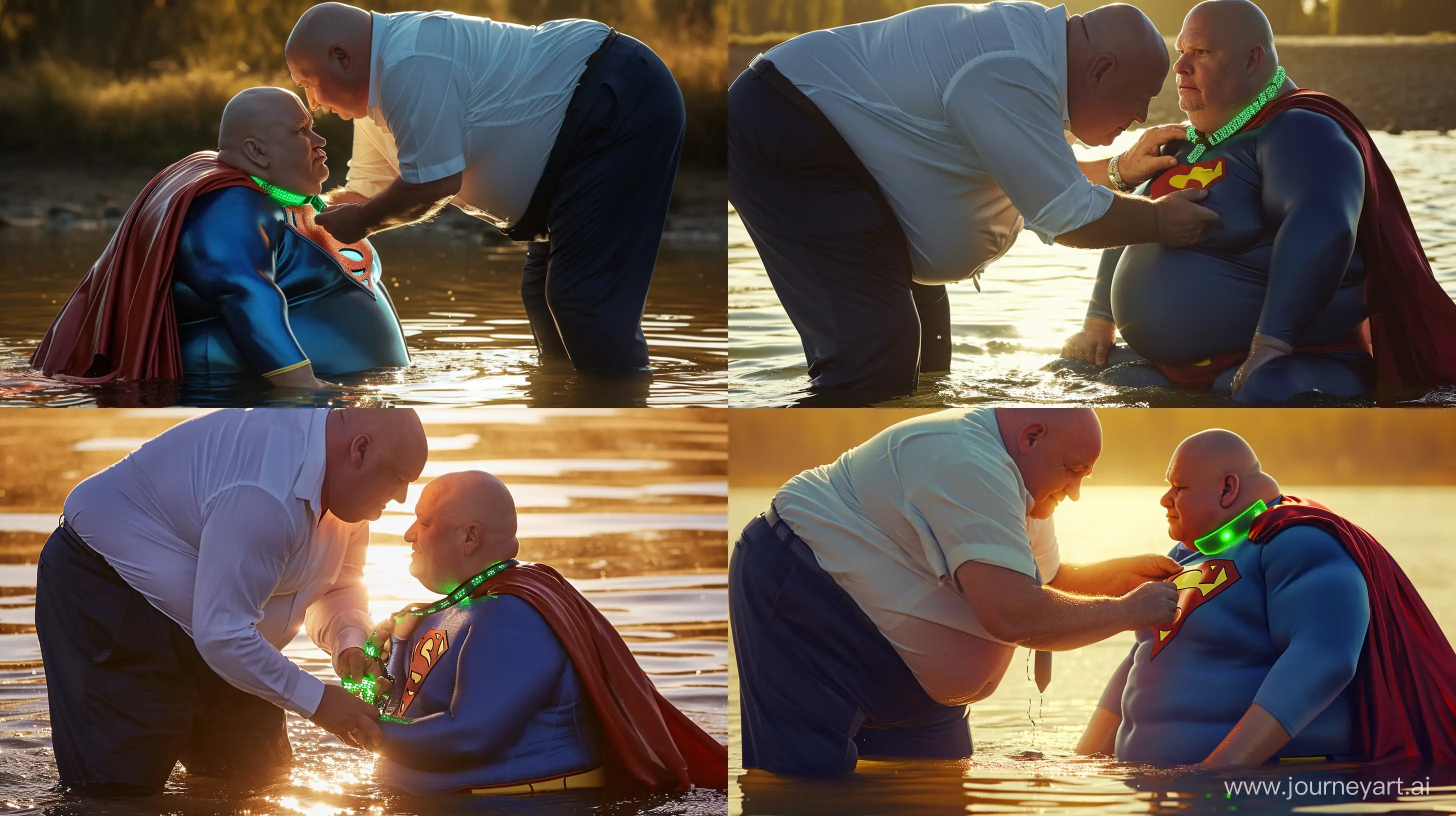 Realistic fashion close-up photo of a chubby man aged 60 wearing silky navy business pants and a white shirt, bending over and tightening a green glowing small short dog collar on the neck of another chubby man aged 60 sitting in the water and wearing a silky blue superman costume with a large red cape. Outside. Direct Sunlight. Bald. Clean Shaven. --style raw --ar 16:9 --v 6