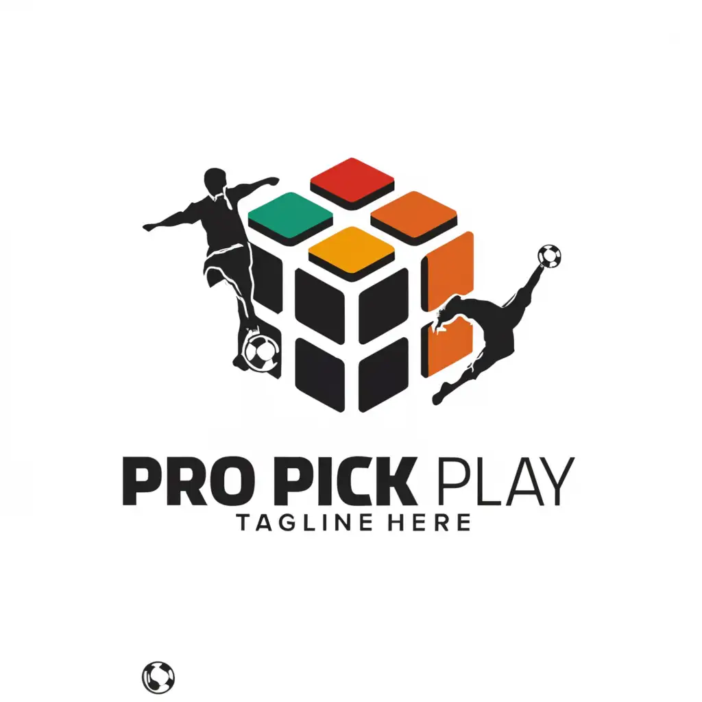 a logo design,with the text "PRO PICK PLAY", main symbol:rubic cube, soccer ball, soccer player,Minimalistic,be used in Sports Fitness industry,clear background