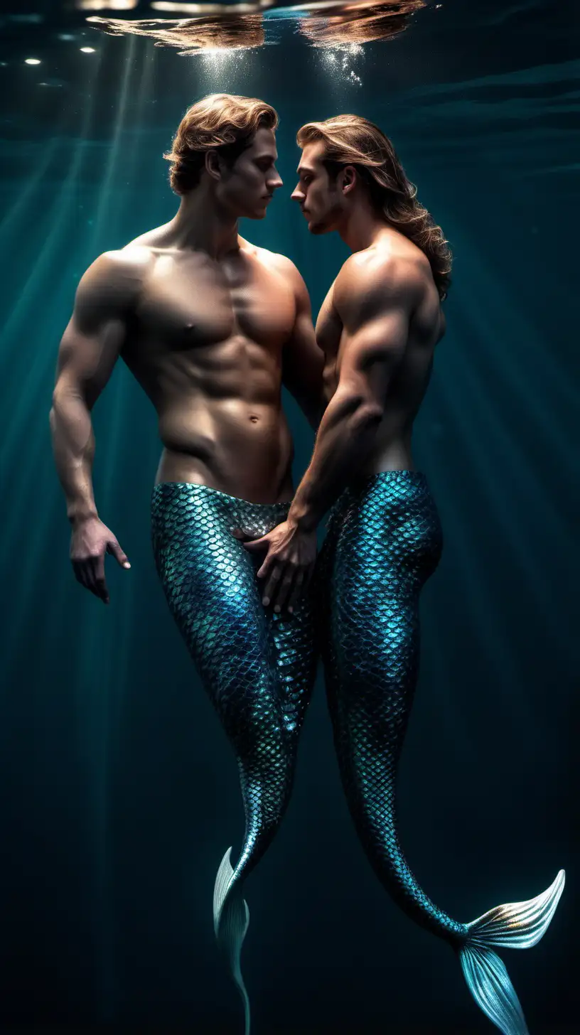 two male mermaid bodies Prompt /imagine prompt : An ultra-realistic photograph captured with a canon 5d mark III camera, equipped with an 85mm lens at F 1.8 aperture setting, portraying two male athlete mermaid bodies with tail. The male couple is in love. The background is dark with soft warm light highlighting the subjects. The image, shot in high resolution and a 9:16 aspect ratio, captures the subjects’s natural beauty and sexuality with stunning realism Soft spot light gracefully illuminates the subjects’s bodies, highlighting the body, casting a dreamlike glow. make it really realistic and detailed --ar 9:16 --v 5.3 --style raw 