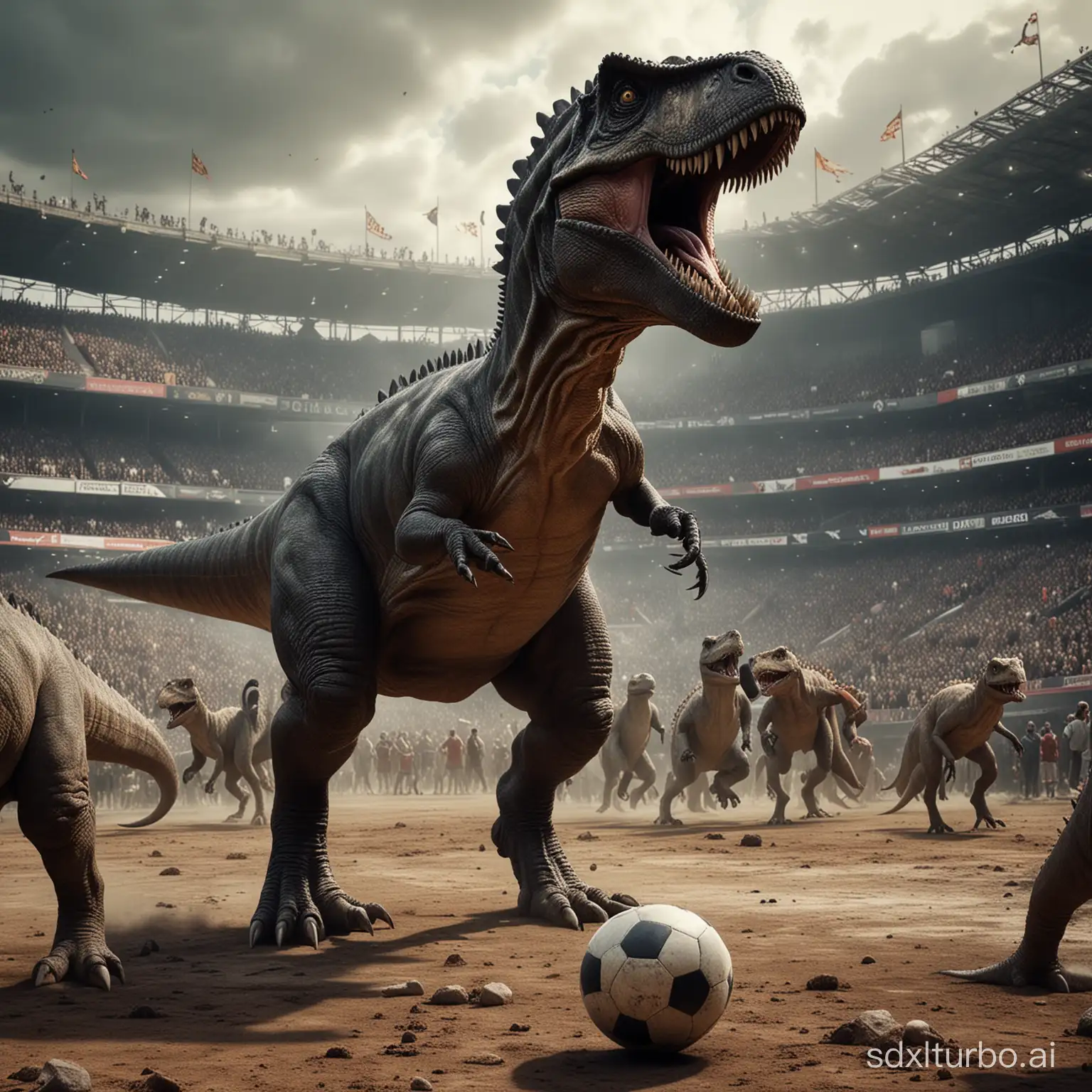 Dinosaurs playing football in a different world in the football ground, detail, and high definition images, animals crowd outside the ground cheering, their world is like Game of Thrones world, stadium is in black castle old theme, no humans only dinosaurs