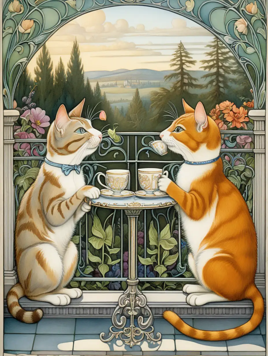 in the style of Virginia Sterret, art nouveau, a cat and a mouse discussing philosophy both drinking from cups of tea on an ornate balcony overlooking a flower garden with a forest in the distance