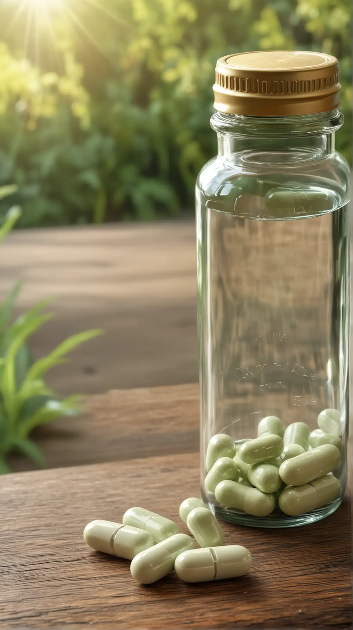 Supplement Pills on Table with Unlabeled Medicine Bottle and Reseda Luteola Plantation Background in HyperRealistic 4K HDR