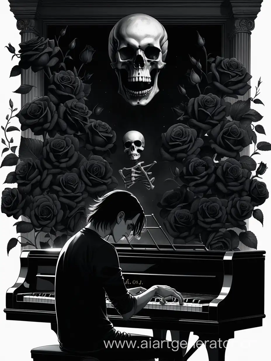 Парень в чёрной рубашке с тёмными волосами по плечи играет на рояле в комнате, полной чёрных роз, а перед ним стоит череп