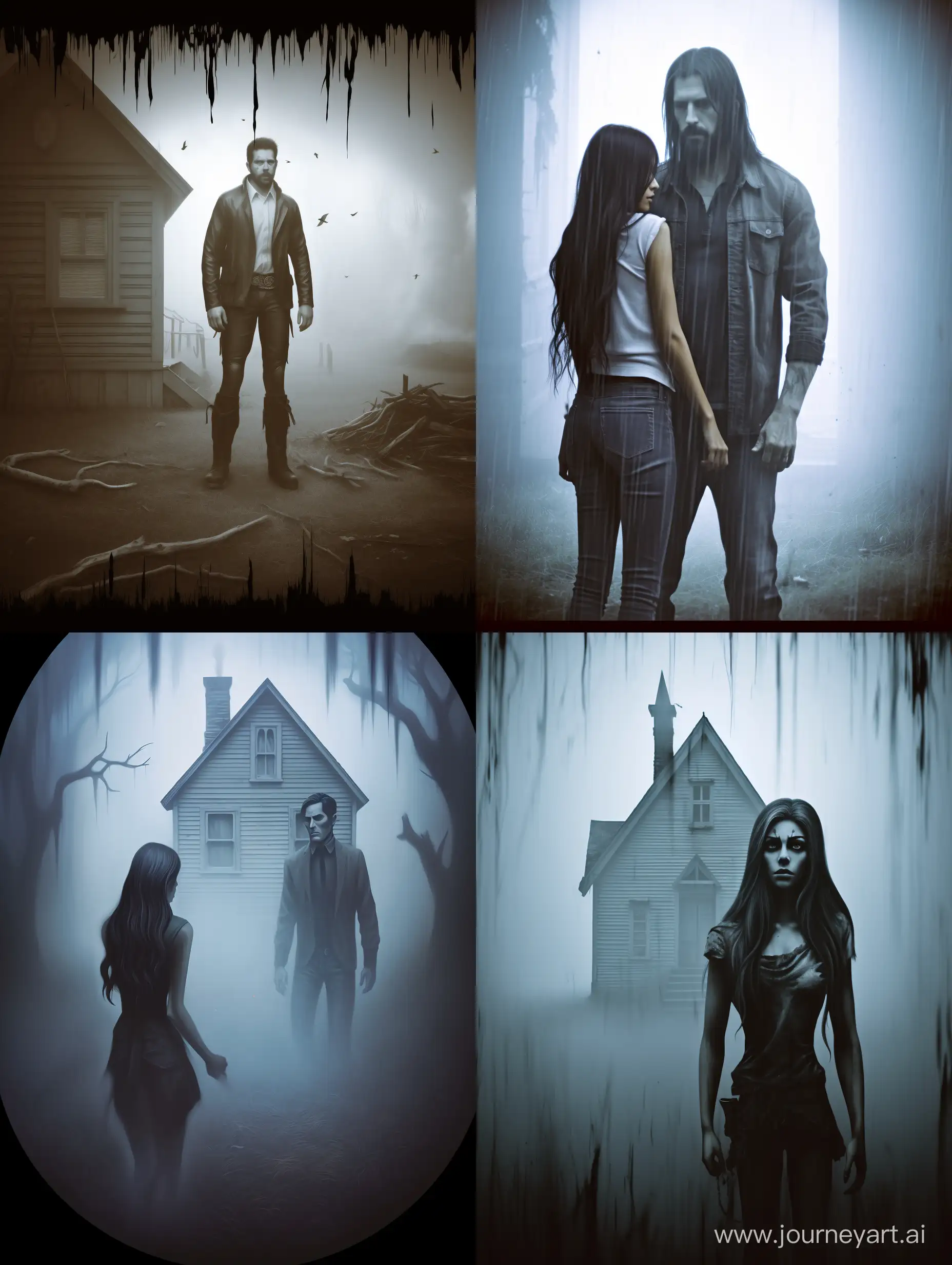 gorgeous young woman with black long straight hair gathered in a ponytail and the ghost of a young guy, close-up, woman wearing ripped jeans, black turtleneck reveals her stomach, tattoo on her stomach, beautiful pose, standing with an elderly man, standing in an old house, mystical atmosphere, fog, hyperrealism, maximum resolution, detailed focus, commercial art, masterpiece, real, close-up, high-detail