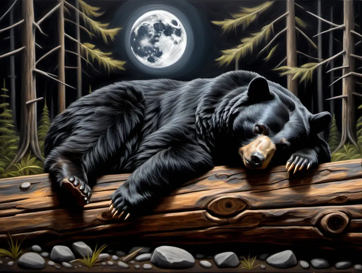OIL PAINTING BLACK BEAR SLEAPING WITH LEGS HANGING DOWN ON DARK LOG WITH NO KNOTS , MOON, FOREST, MOUNTAIN, 

