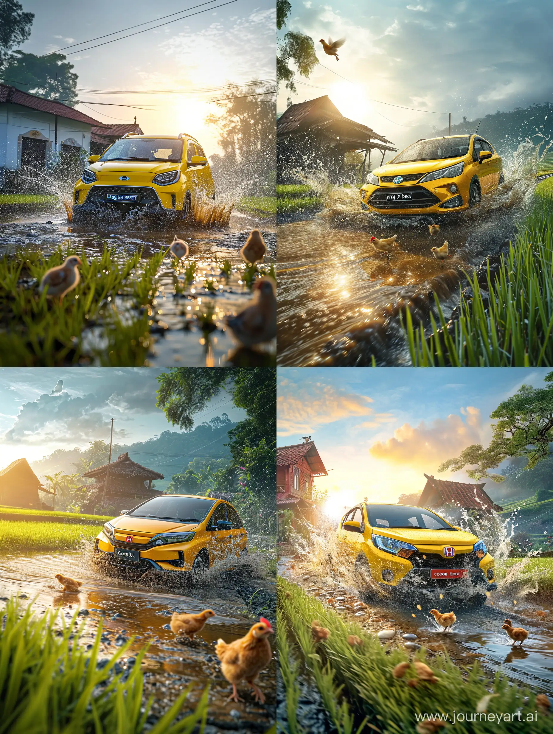 Ultra realistic, a yellow malaysian car brand myvi 'lagi best' edition is going through a bumpy road. there is water splashing and chicks running. morning atmosphere in the village by the rice field. morning sun.. canon eos-id x mark iii dslr --v 6.0

