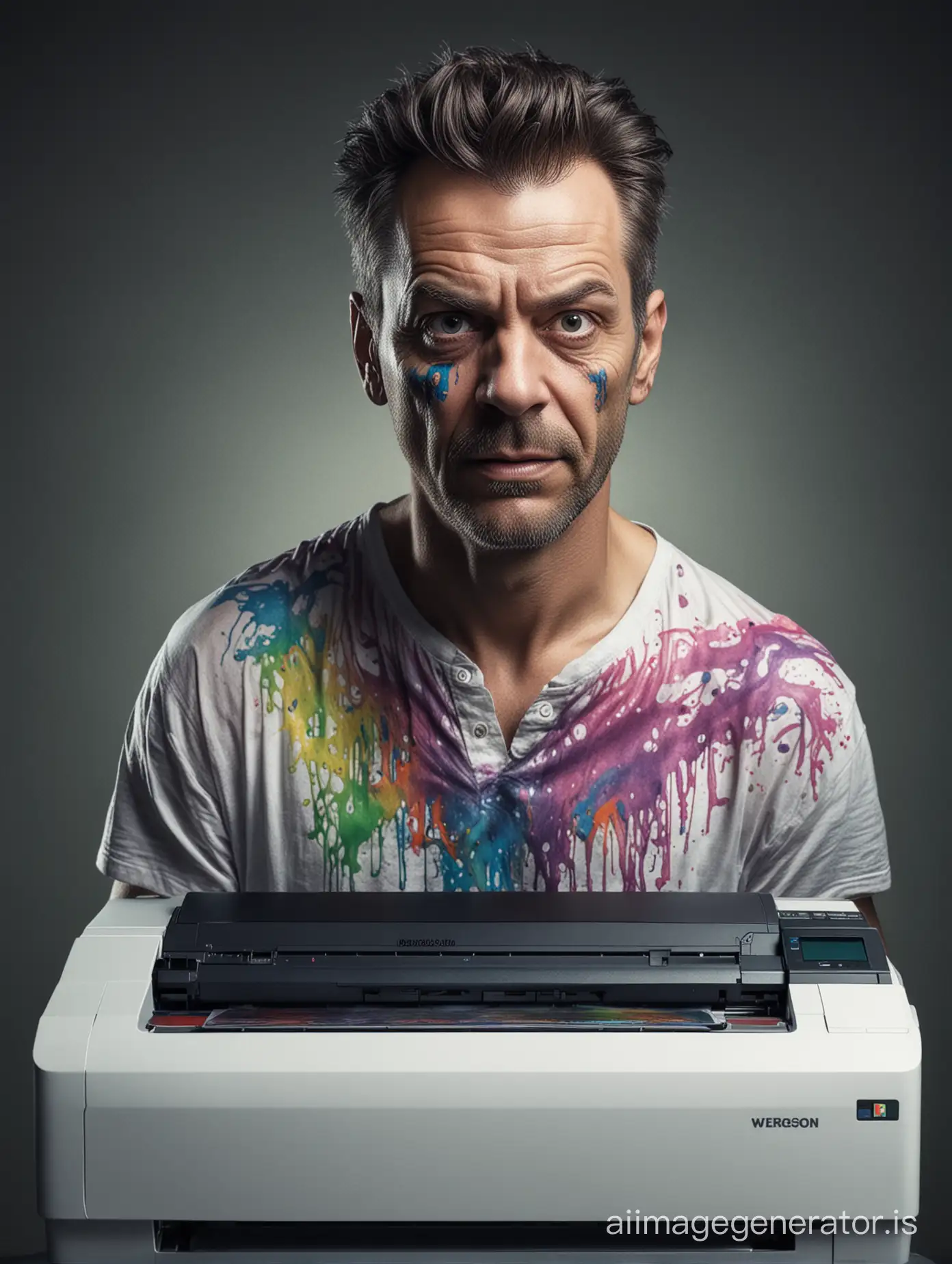 Realistic scary man who prints on a printer with many colors 