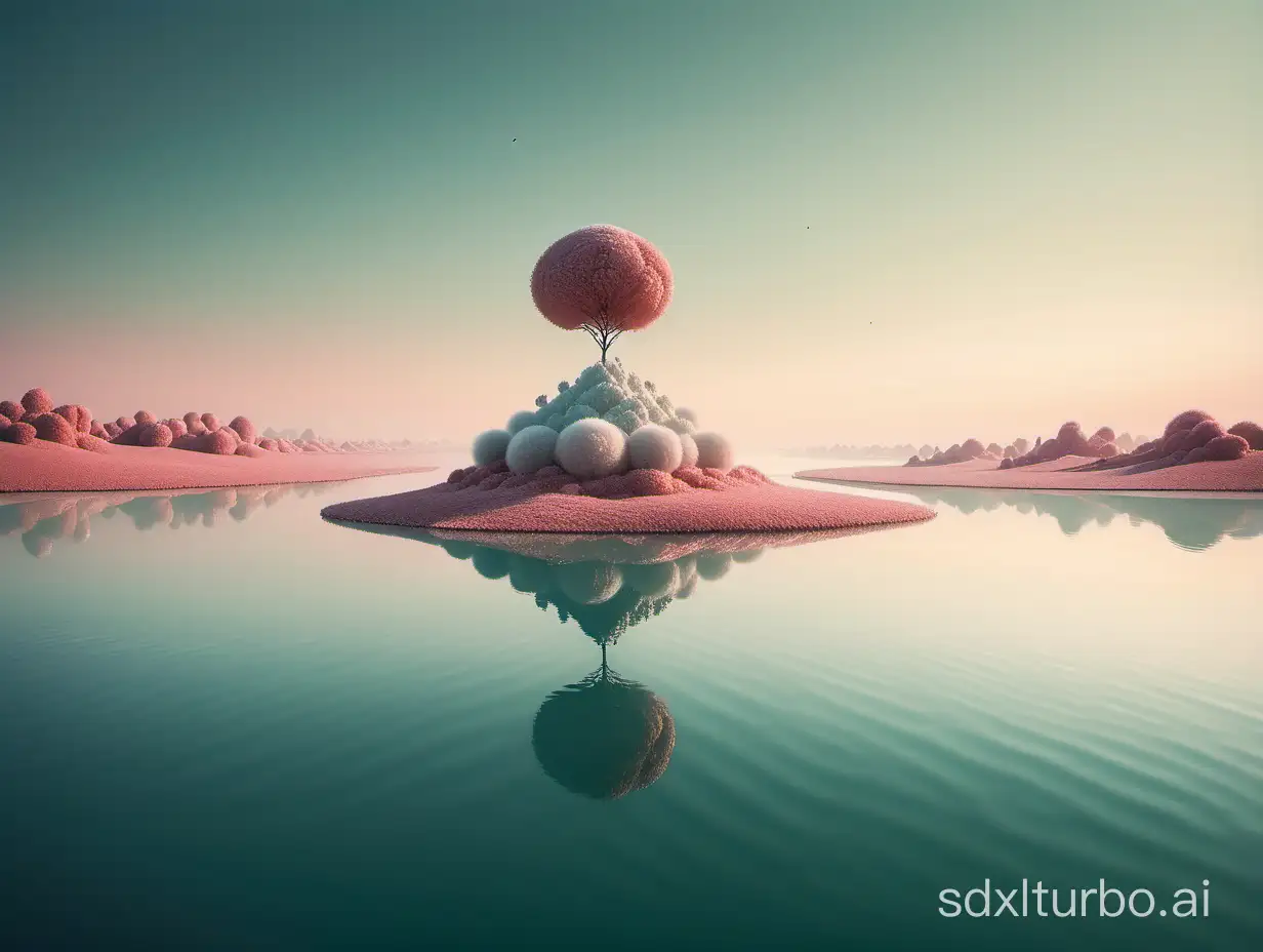 Minimalism, photographic processing, surreal world, surrealism, sky full of floating islands, exaggerated shooting techniques, extremely long lenses, soft, faded colors, fine lines, stunning visual effects, vast, huge landscape, shot with a Hasselblad camera,