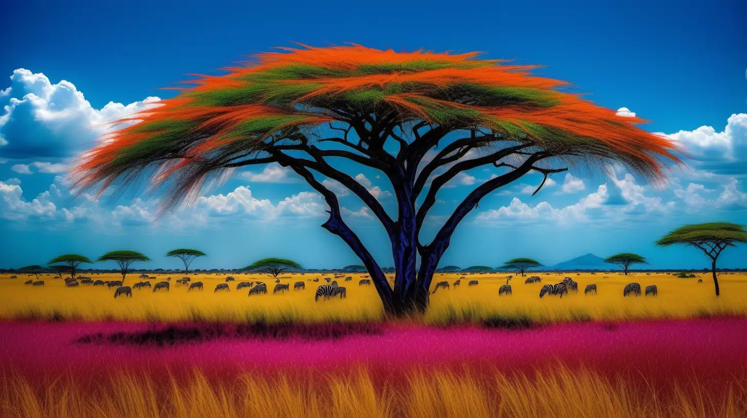 Capture the vibrant beauty of the African grasslands: showcase the diverse array of colors that paint this breathtaking landscape. Highlight the rich hues of the golden savanna grass, the striking contrast of the blue sky against the greenery, and the vivid tones of wildlife that adorn this scenic expanse. Show us the kaleidoscope of colors that define the essence and vitality of Africa's grasslands.