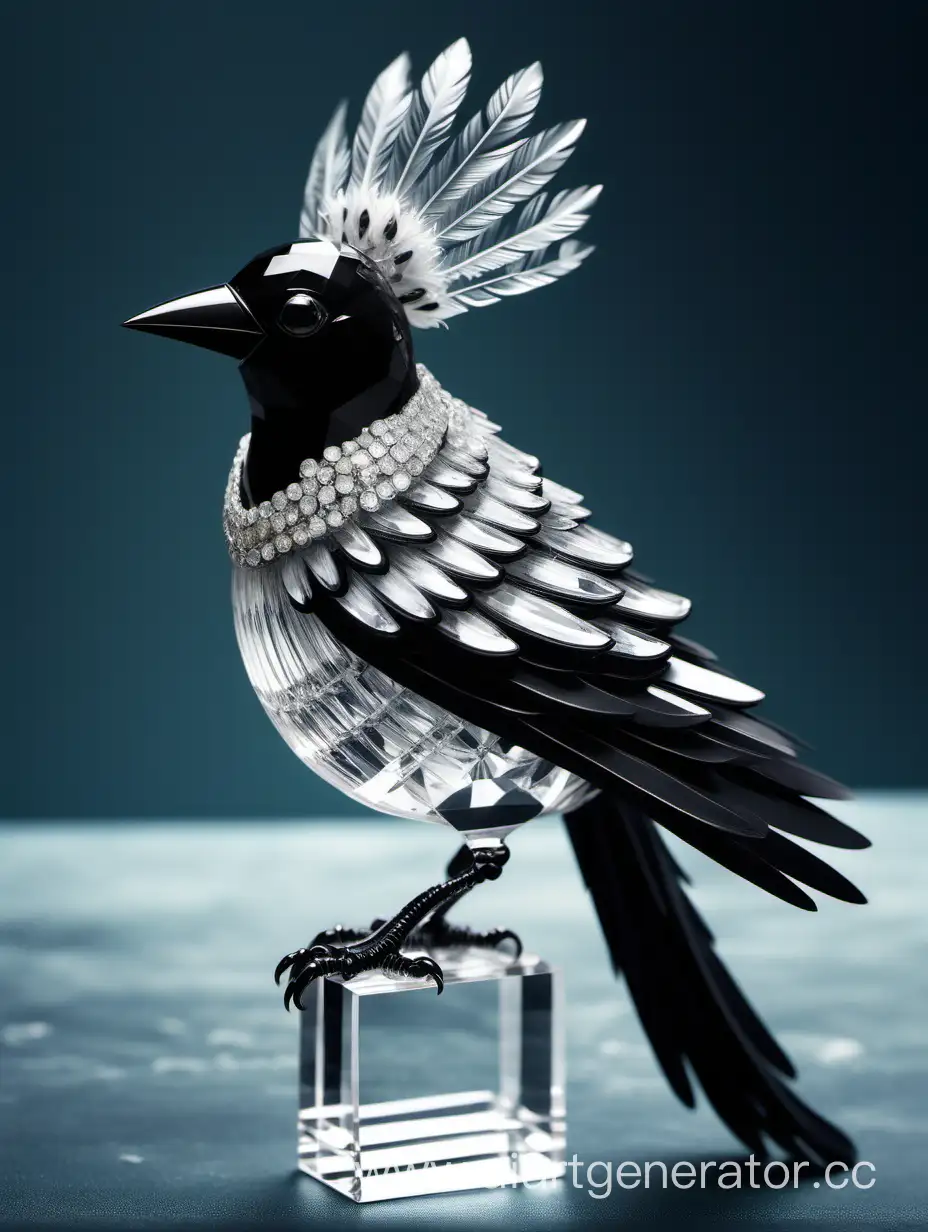 I would like an image of a crystal magpie with a headpiece, black feathers with white ones on its chest and white rows on its wings made of crystal.