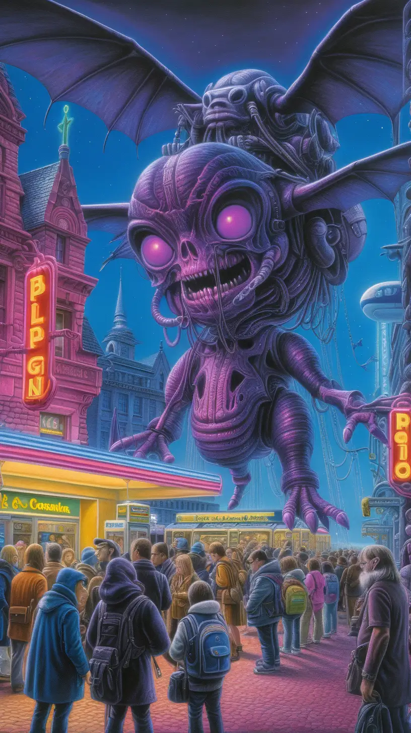 : art by wayne barlowe,  plasma, by H.R. Giger, Animal Crossing Characters, dramatic color, by john Constable, canvas, game, neon, by John Kenn mortense, tonal colors (add or delete blueprint, funny art, museum, crowd, park, playing, swings, airport, stores)