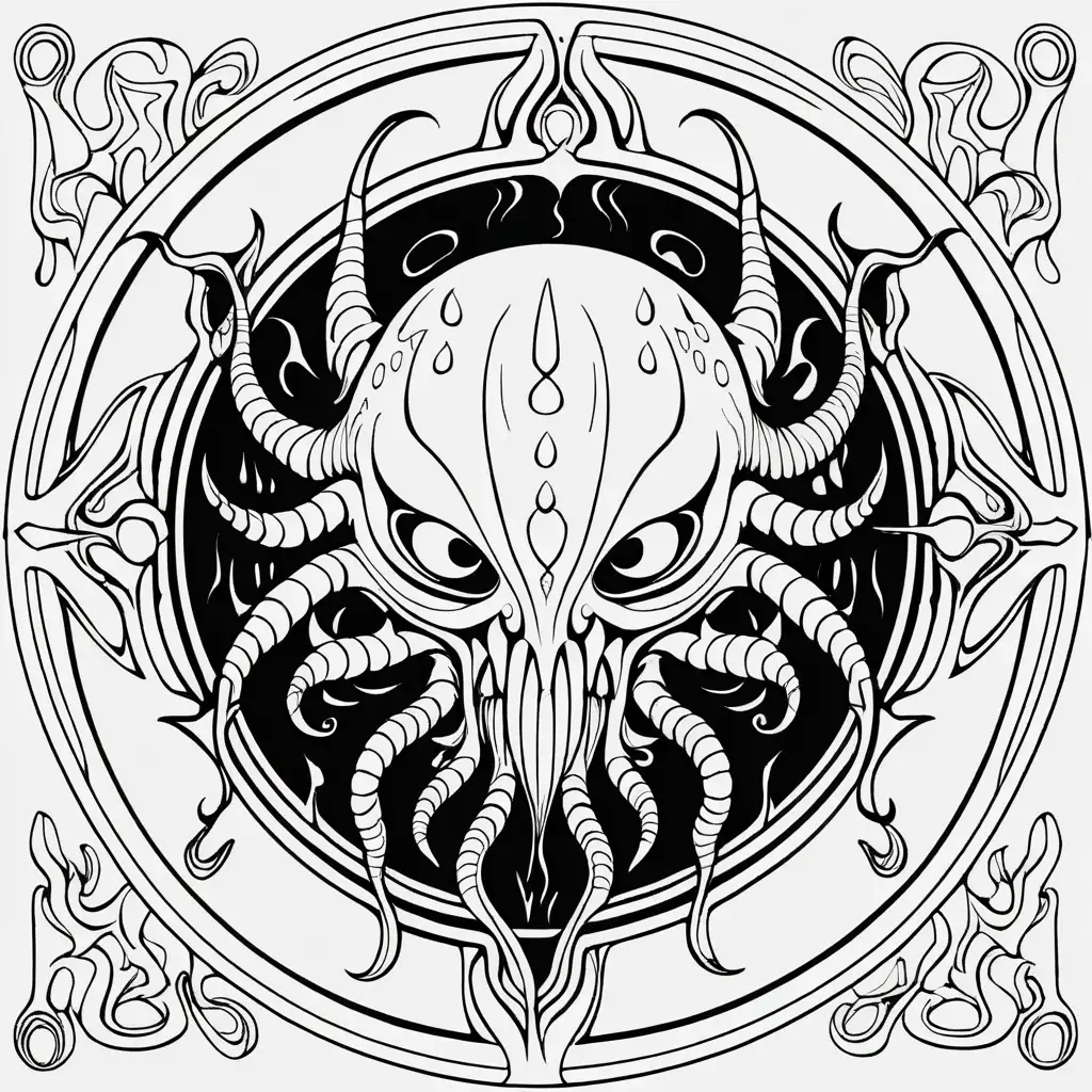 Coloring book image. Black and white only. Symmetrical and balanced mandala with disgusting slimy, dripping jester in style of H.R Giger. Clean and clear outlines that allow for easy coloring. Ensure the design provides ample space for creativity and coloring.