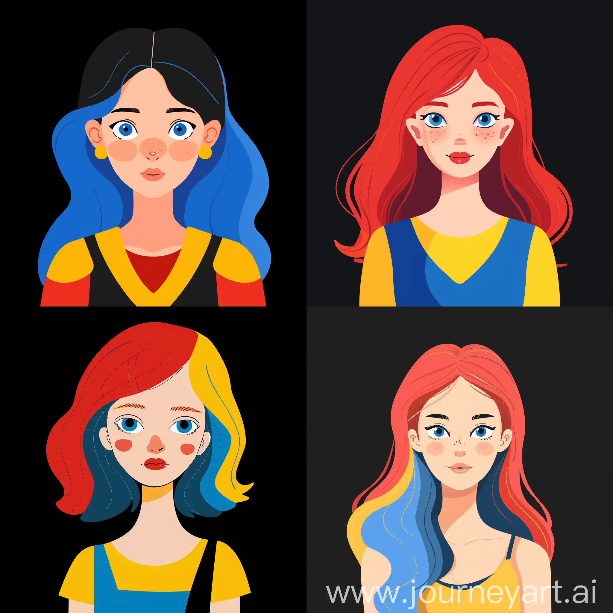 vibrant [red, blue, yellow][young woman], cartoon cute, beautiful colors, contrast with black background, in high quality flat style