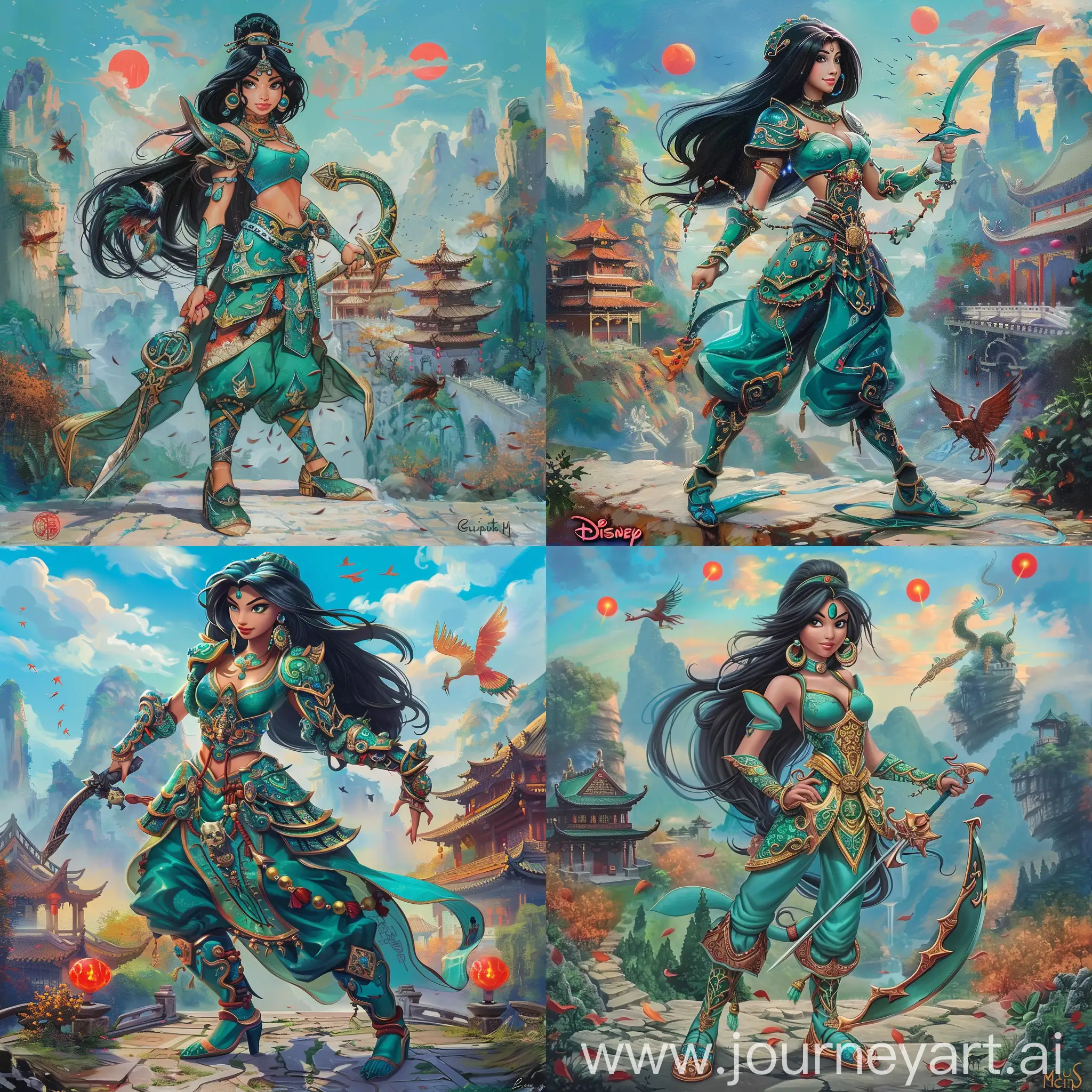 Historic painting style:

a Disney Beautiful Arabian Princess Jasmine, with black long hair, she wears deep green and turquoise color Chinese medieval armor and boots, she holds a Chinese curved sword in right hand, 

Chinese Guilin mountains and temple as background, small phoenix and three small red suns in blue sky.