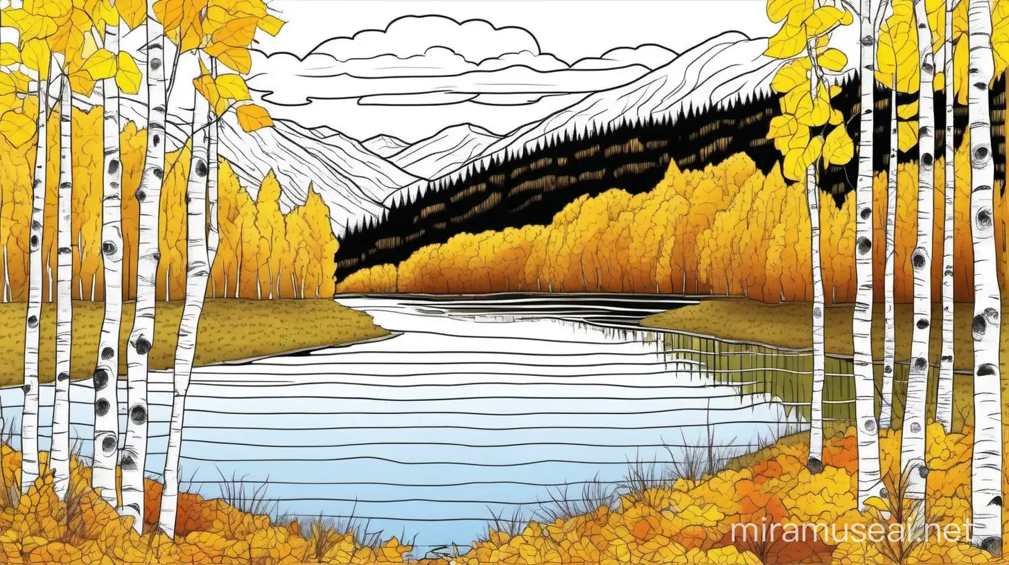 lake in autumn, birch and aspen grow nearbysimple drawing coloring 