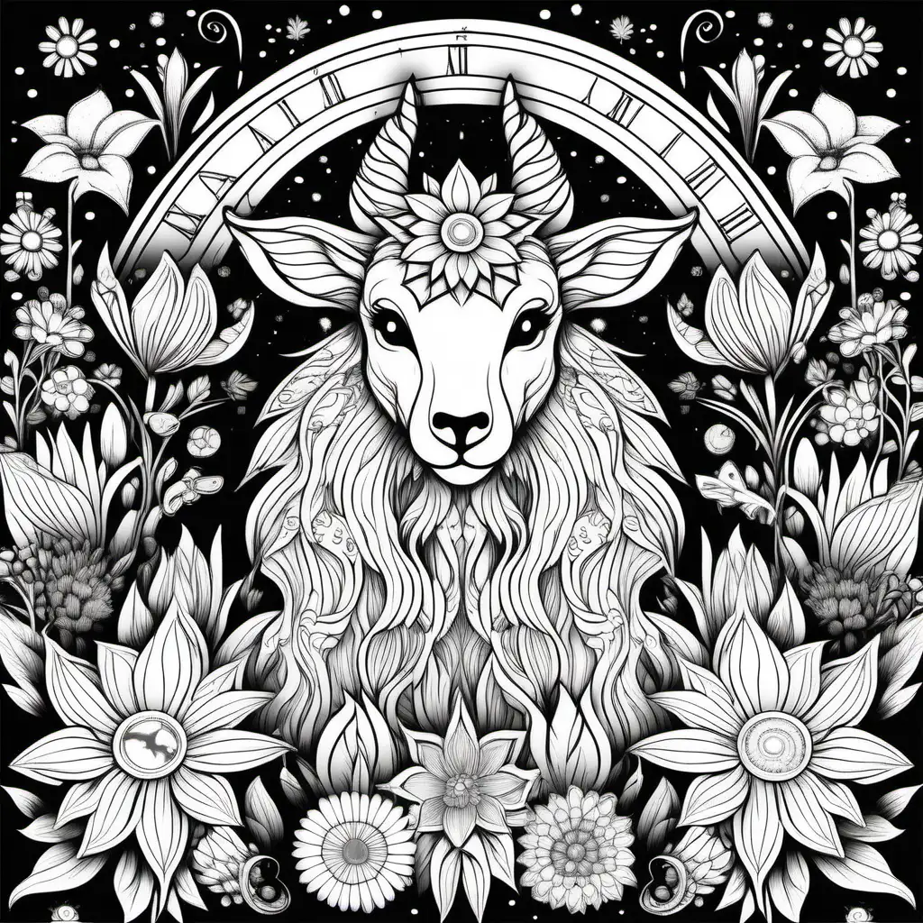 Midnight Coloring Page with Exquisite Flowers and Enchanting Animal Heads