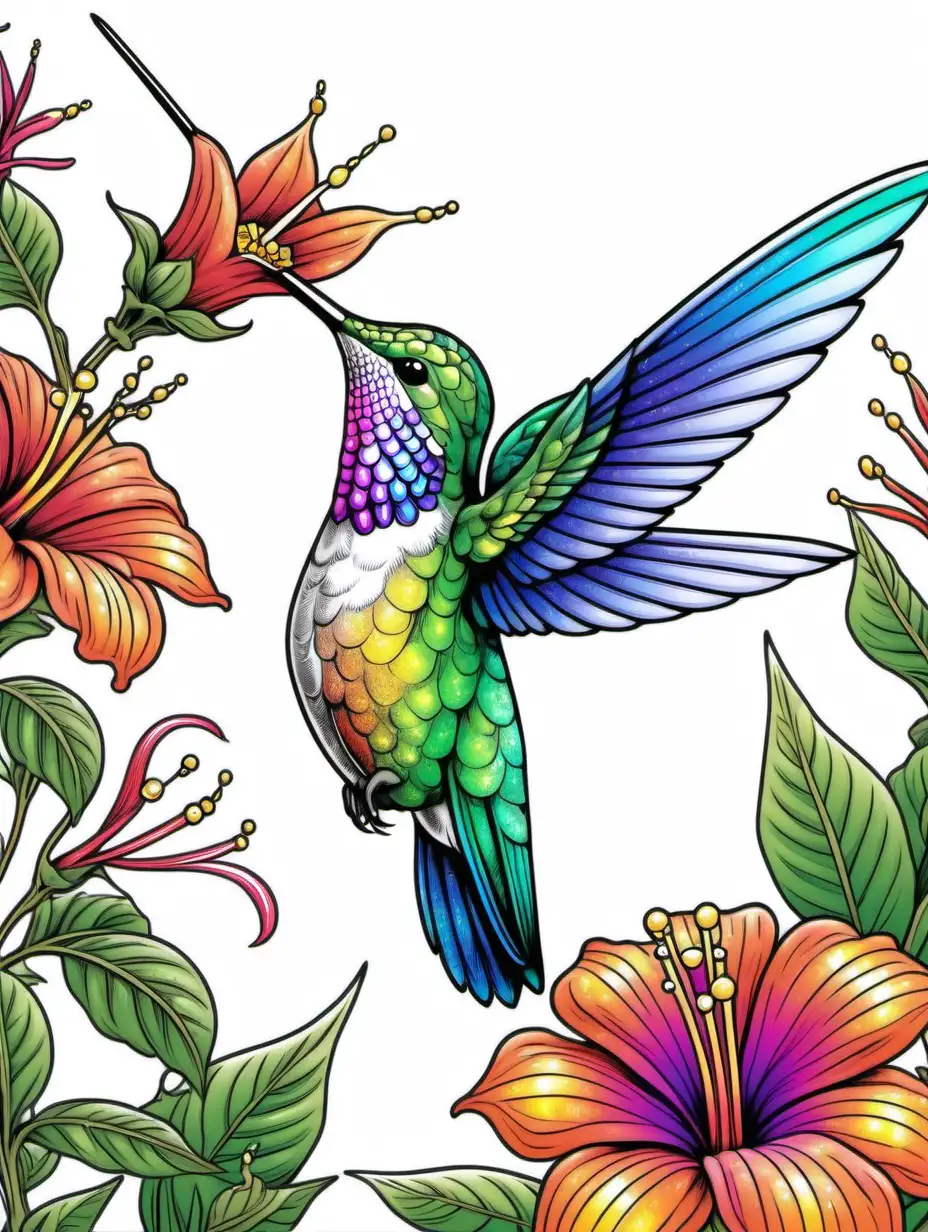   vivid color, iridescent hummingbird, coloring book page,  hummingbird sucking nectar out of flower, fine detail in 