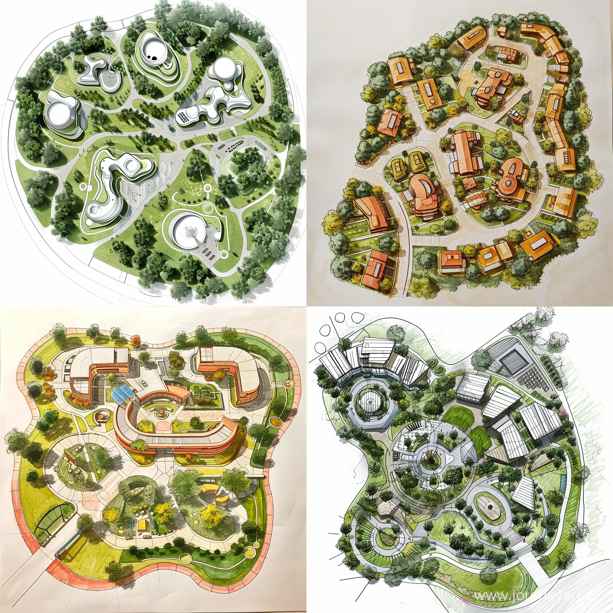 нарисуй план футуристичного посёлка (вид сверху)