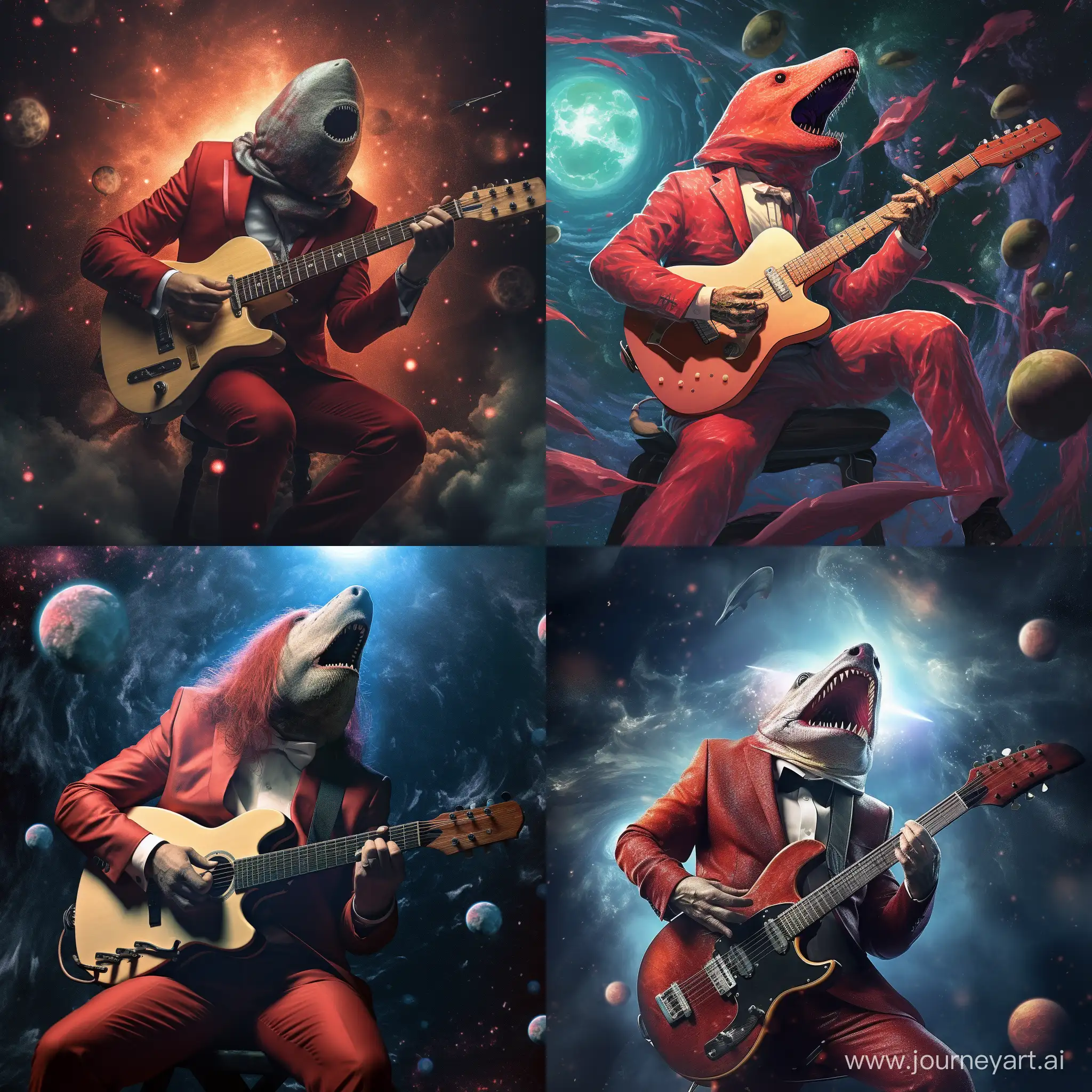 red shark in suit playing guitar in cosmos