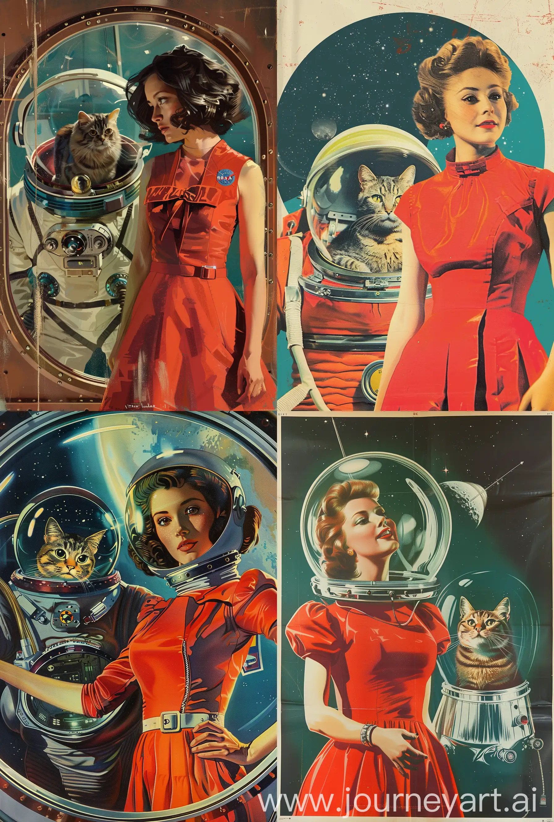 a 1960s style sci fi movie poster. 
Девушка космическая путешественица с котом в скафандре. На девушке красное платье. Космическая одиссея 
—ar 27:40
