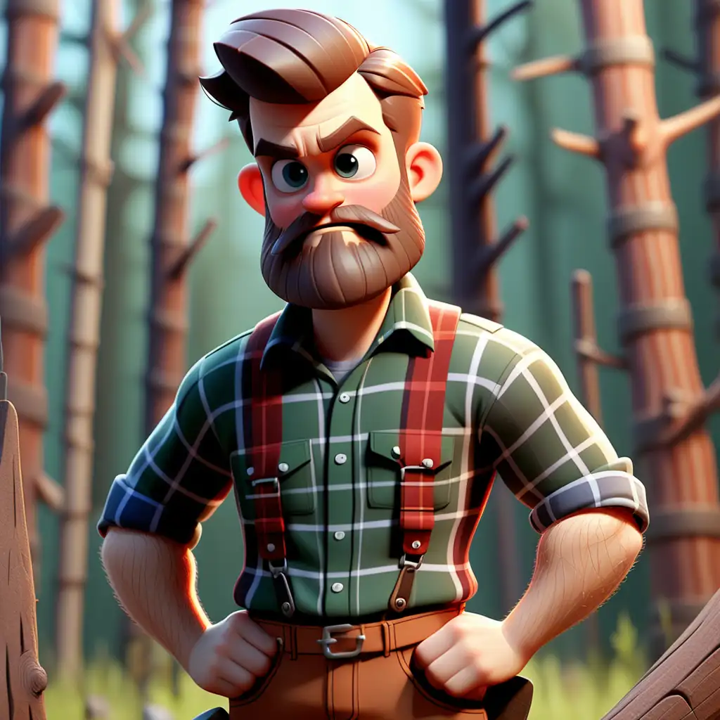 Young male Lumberjack. Beard. Plaid shirt. Suspenders. Heroic pose. Full body. Pixar themed. Big head small body