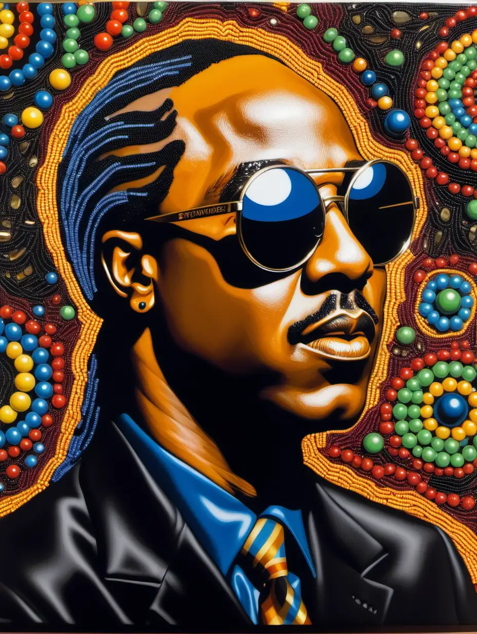 painting of Stevie Wonder, beaded hair, painting in the style of Edward Burra, colourful