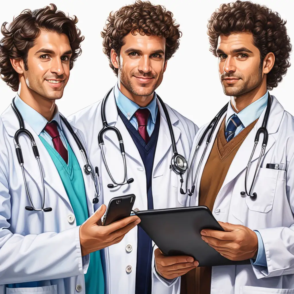 Professionally Attired Male Doctors with Brown Curls and Stethoscopes