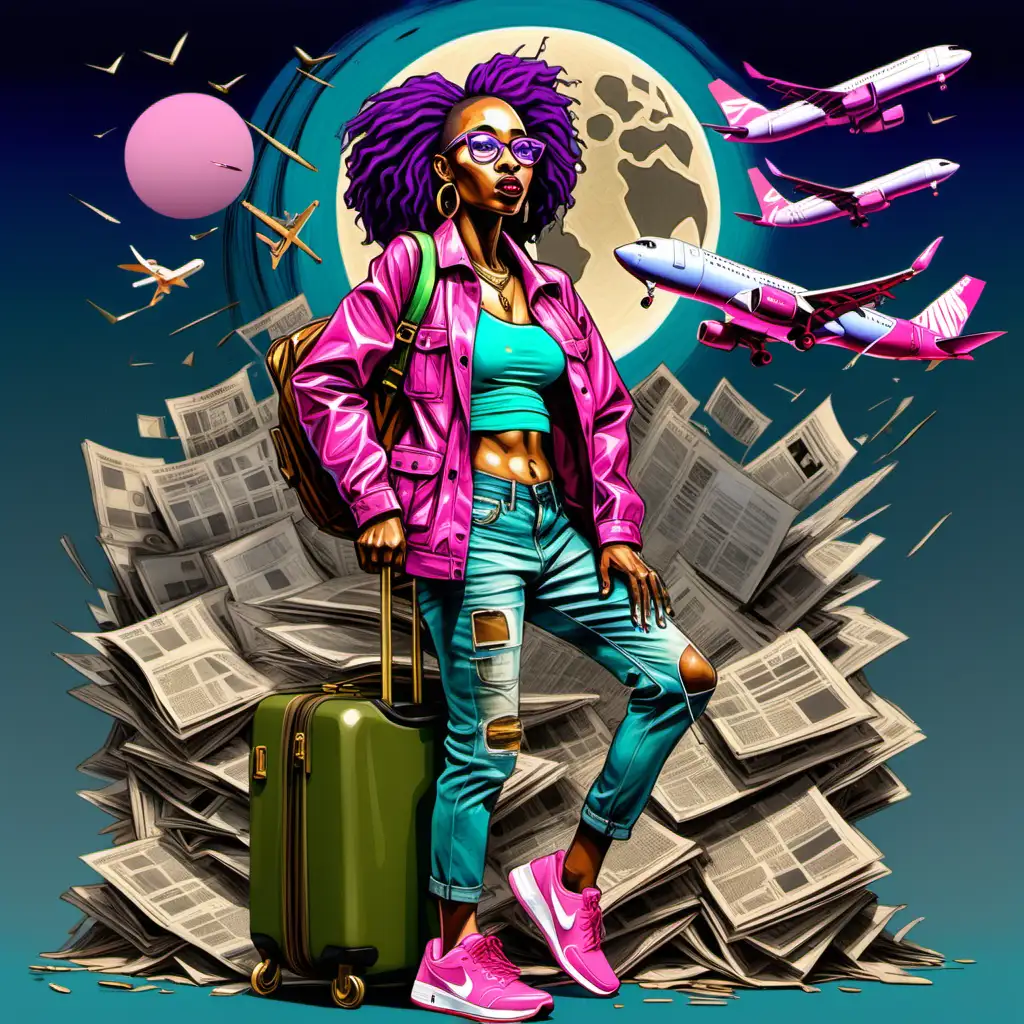 cubism art scattered smeared dripping painting image with background full moon with Africa, African ancestors embarked on Africa, and airplane of a 30 year old petite dark brown African American woman with bald bald purple hair, light brown eyes, teal glasses, gold hoop earrings, olive green baggy pants pink halter top, blue jean jacket, triple pink Nike shoes pulling travel luggage  backpack passport  “adventurous Kam” 3D block lettering  newspapers flying