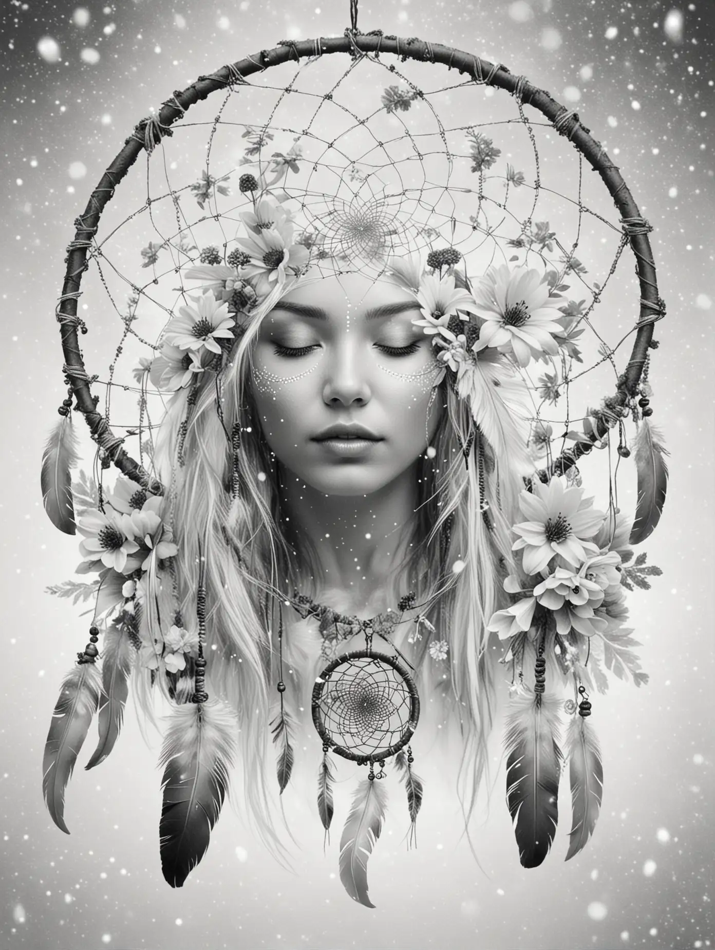 Back and white Illustration of a dreamcatcher, there's an Inuit blond woman, snow, flowers, it's the daytime, overlay, double exposure