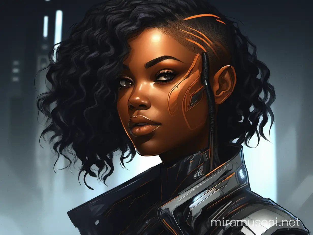 Sci-fi side portrait of a beautiful young ebony girl in her late twenties, round face, light-grey eyes, shoulder-length black sidecut hair, futuristic haircut, bushy wavy back hair, lushy wavy hair behind, average-sized lips, soft smile, dimly lit, dark background, black and orange colour scheme, cybernetic implants, orange bangs, singular braids