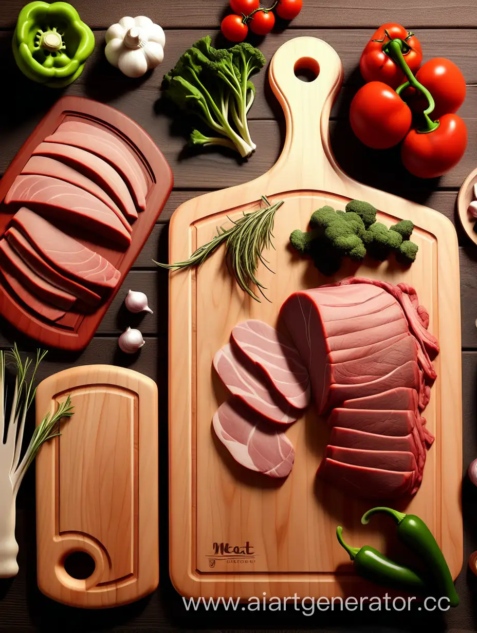 wooden cutting boards, meat, vegetables