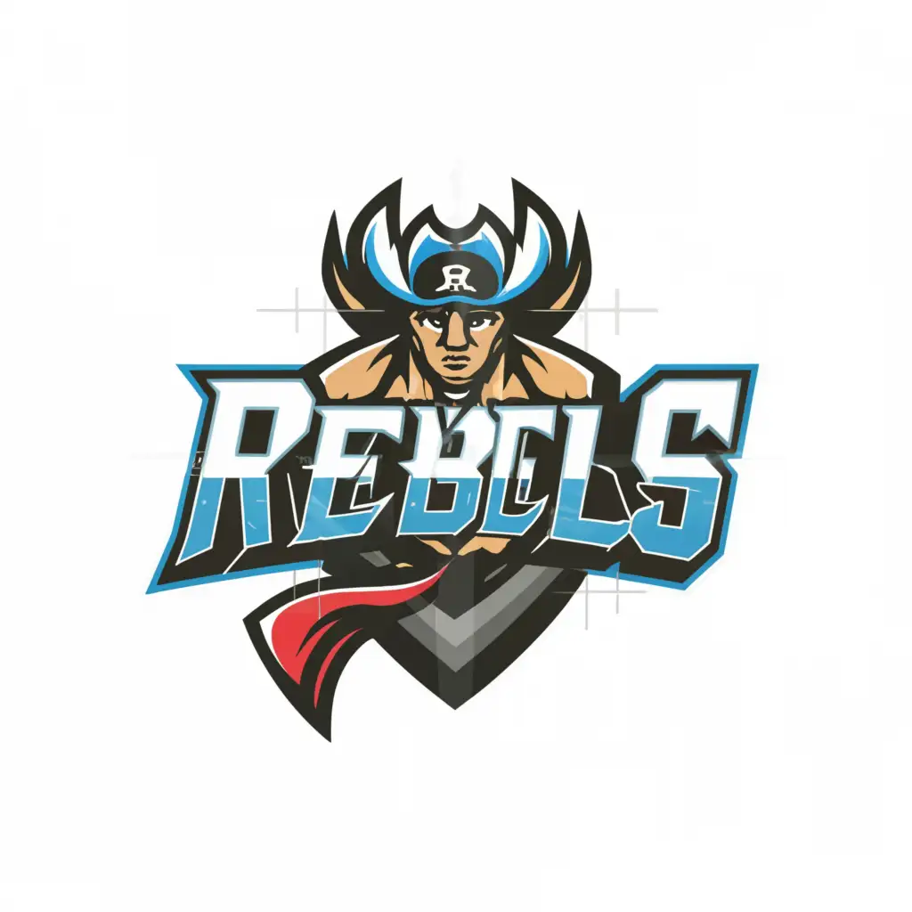 a logo design,with the text "Rebels", main symbol:a logo design,with the main symbol a blue letter R with a pirate hat on top,Moderate,be used in Sports Fitness industry,clear background