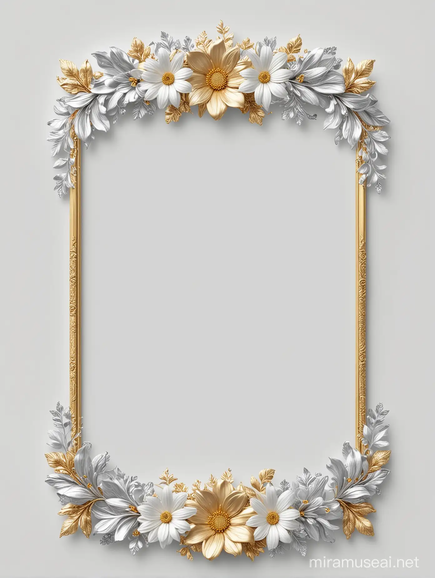 Elegant Gold and Silver Flower Frame on White Background