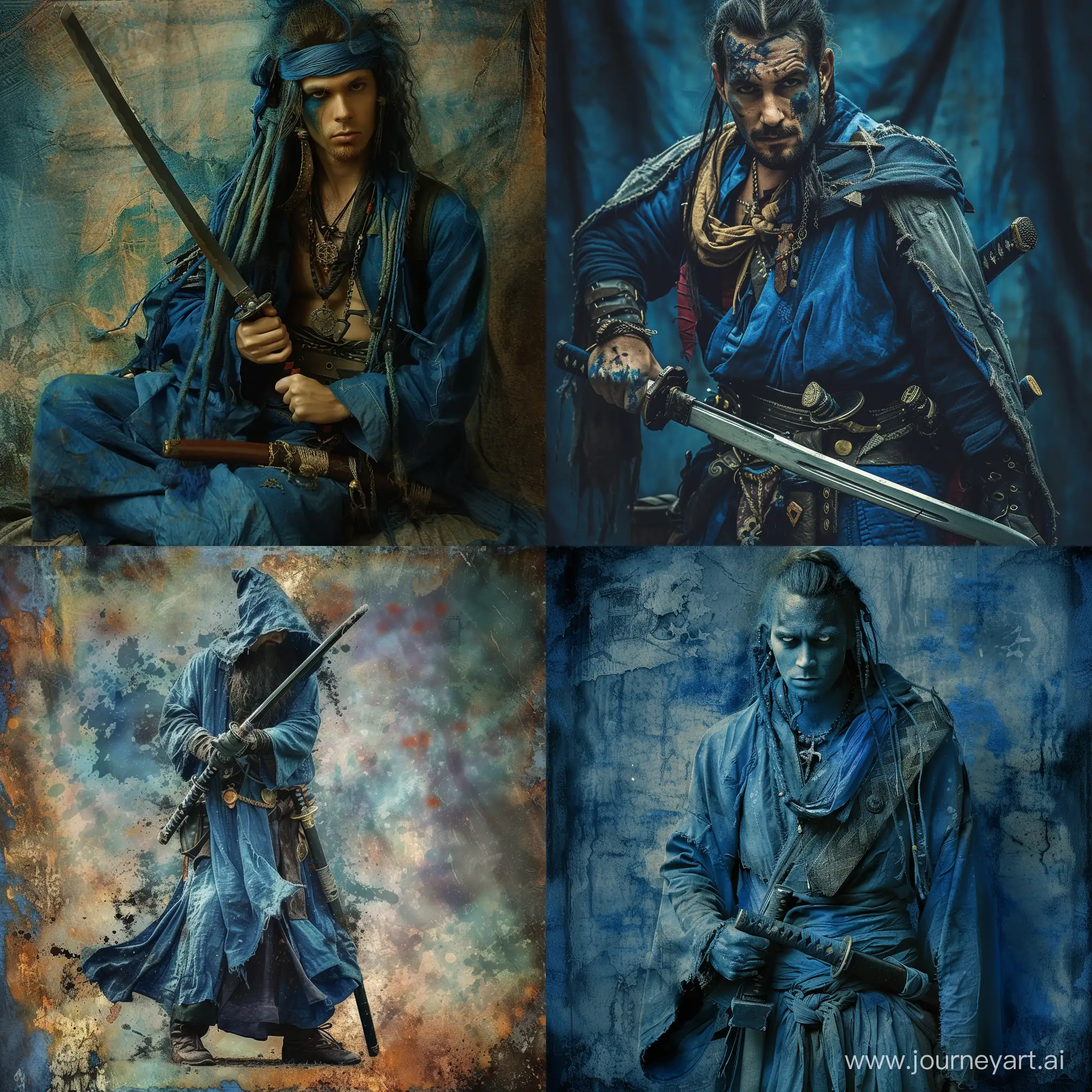 Medieval-Bard-with-Katana-in-Blue-Grunge-Attire