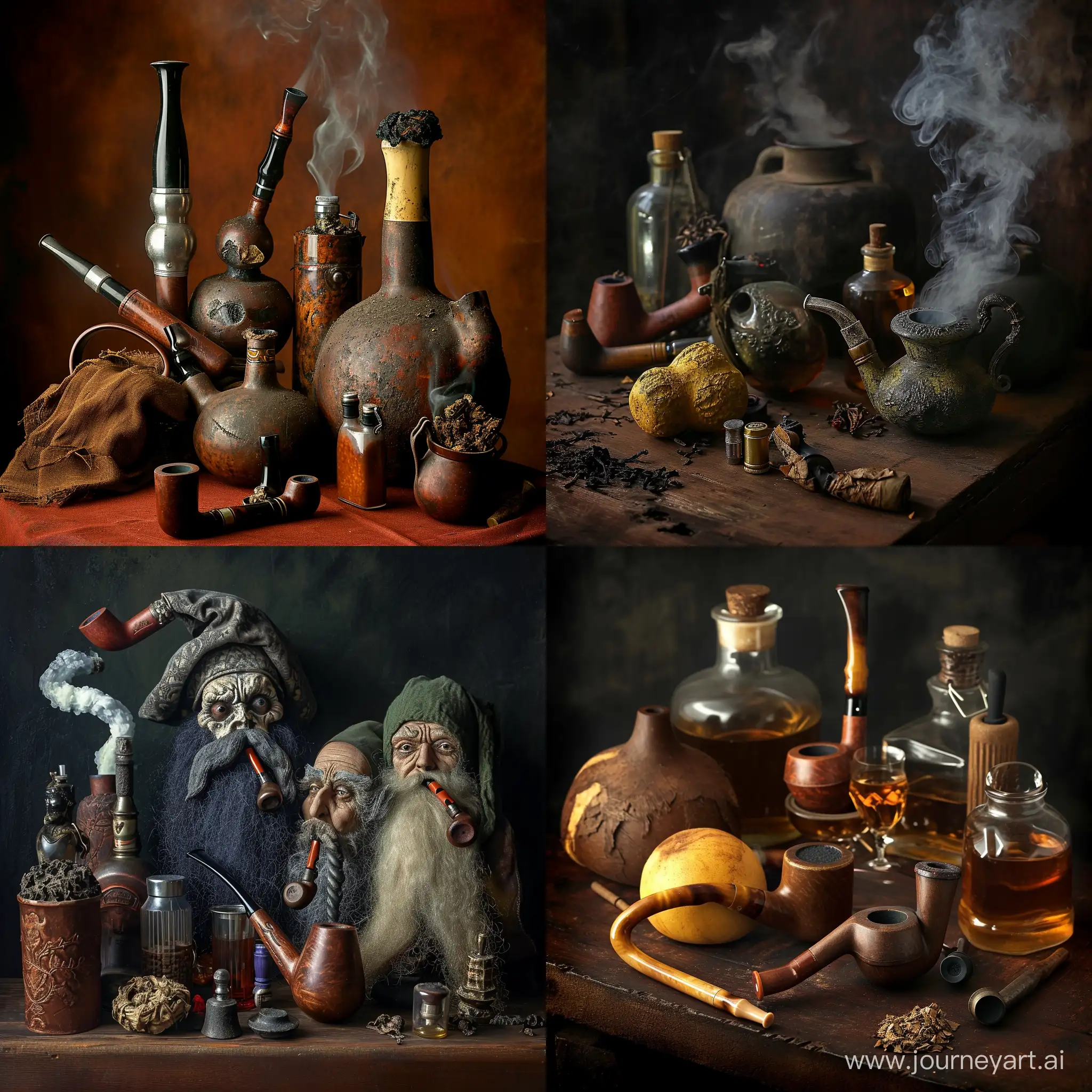 Create a photo of old spirits with pipes, flasks in the Renaissance style
