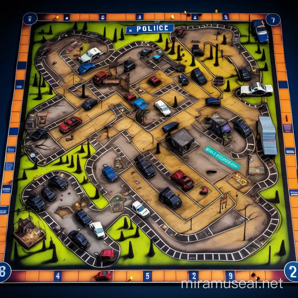 Game board of a police impound lot and junkyard, board game, night time, spooky