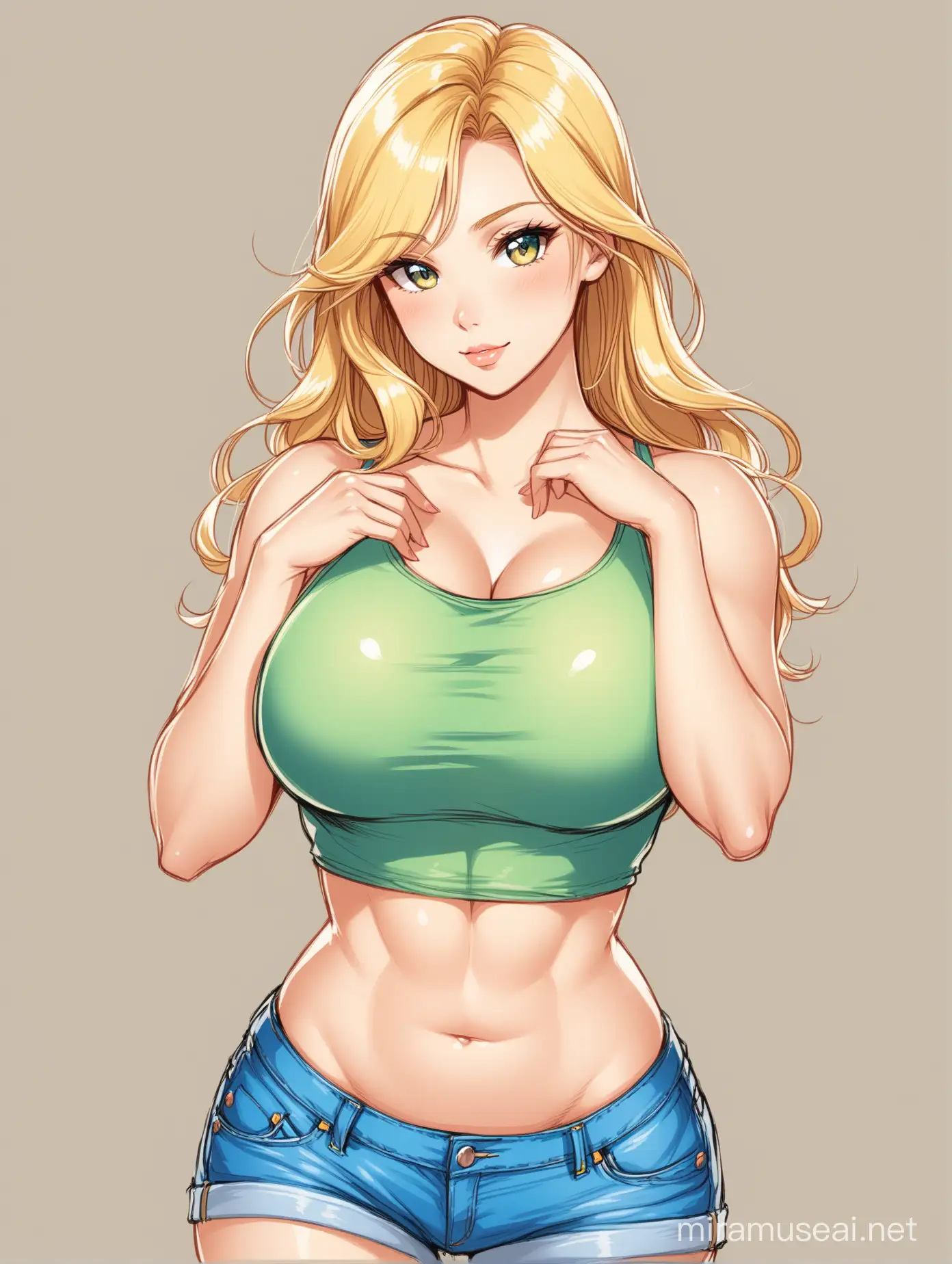 Full color drawing of a blond woman with a beautiful, delicate face, huge chest, making a sexy pose, showing off her beautiful body, wearing casual clothing, including a top and jean shorts.