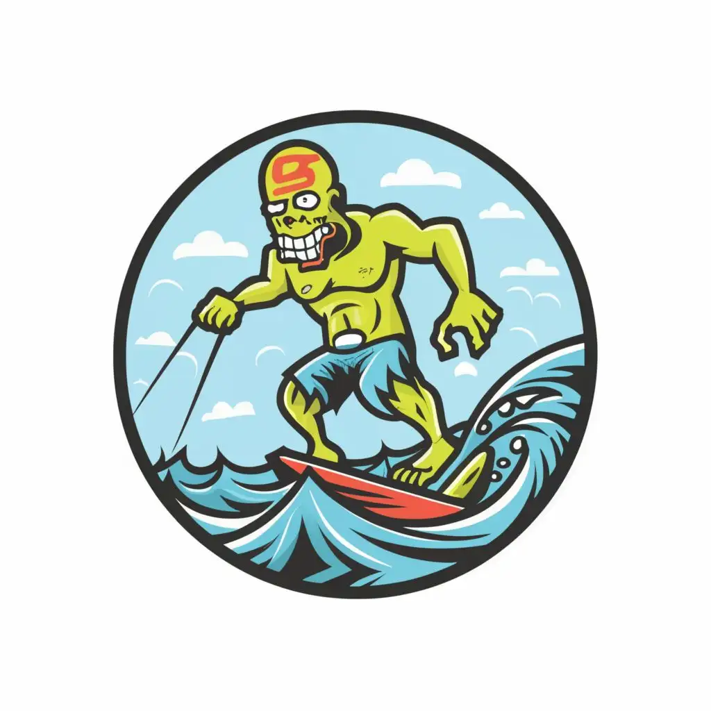 logo, original concept design logo, vector  t-shirt design of a zombie water skiing, typography white background , full color image fill ,  large image, contour, Ultra detailed image, ultra fine sharp crisp 3 mm black outlined image , ultra fine sharp crisp 2 mm black outlined background image, with the text "Rex" , no copyright, no watermark, with the text ".", typography