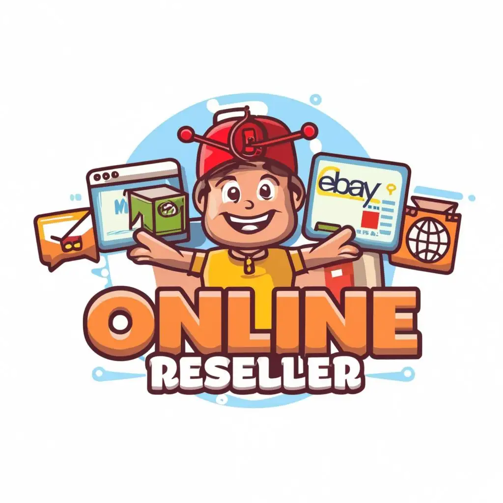 LOGO-Design-for-Online-Reseller-Cartoon-ECommerce-Theme-with-eBay-Mercari-and-Facebook-Symbols-on-a-Moderate-Clear-Background